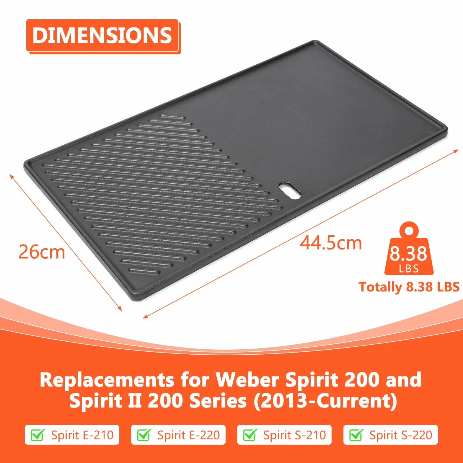 GFTIME 7637 44,5 CM Piastra Piastra per Weber Spirit E210 E220 S210 S220 (con Manopole del Bruciatore Anteriore), Parti di Ricambio Piastra Piastra in Ghisa per Griglie a Gas Weber Spirit Serie 200