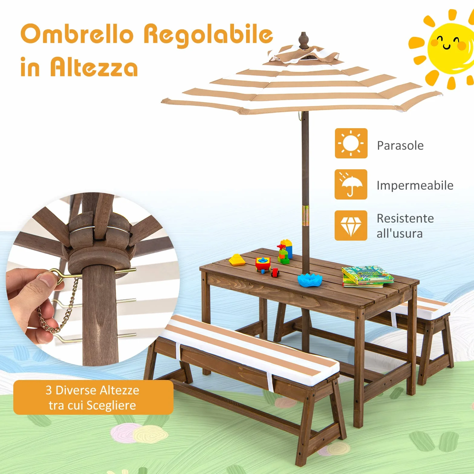 COSTWAY Tavolo da Picnic per Bambini con Parasole Pieghevole, Set Tavolo e Panca in Legno con Cuscini, Marrone