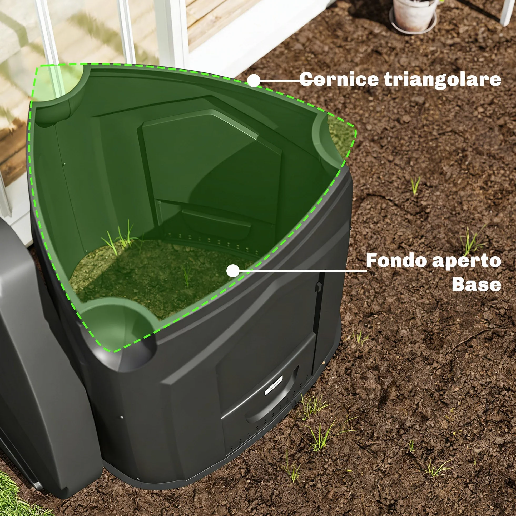 Outsunny Compostiera da Giardino 240L Triangolare Girevole con 66 Prese d'Aria e 3 Porte, 78x75x78 cm, Nero