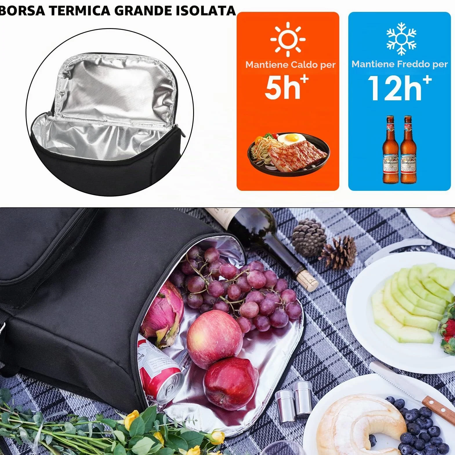 Zaino da picnic per 4 persone con grande borsa termica isolata, cestino da picnic con sacchetto di vino, coperta da picnic impermeabile e set di posate. Perfetto per spiaggia, festa, regalo di nozze