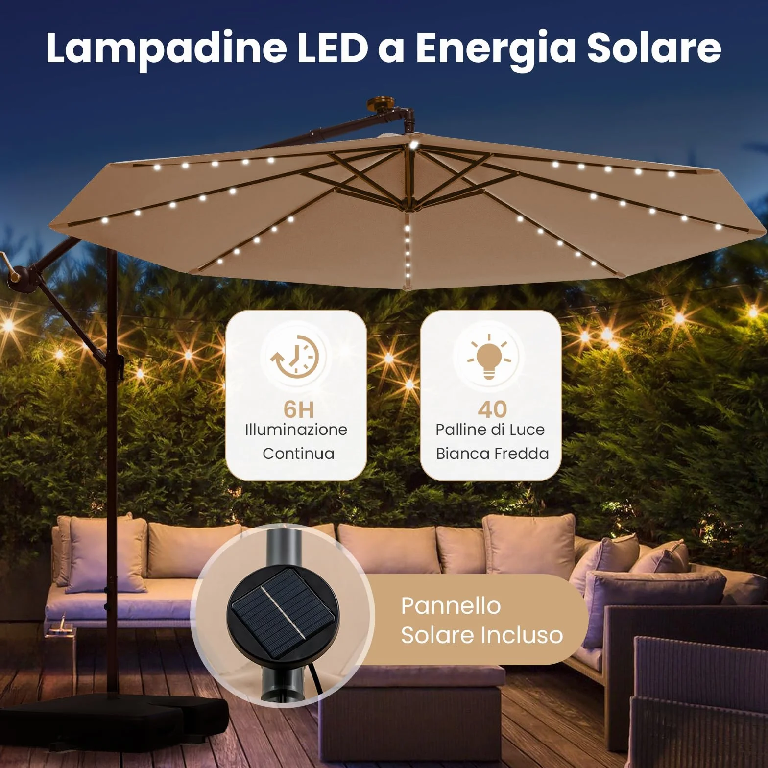 COSTWAY Ombrellone da Giardino 300 cm, Luci LED Solari, Anti-UV, Inclinazione Regolabile, Manovella, Beige