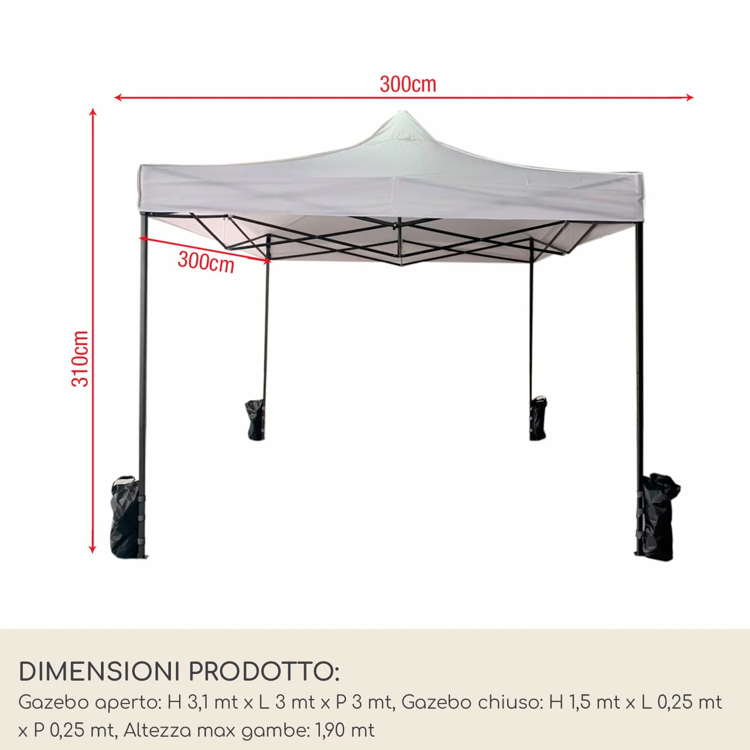 Rebecca Mobili Gazebo Tendone a Fisarmonica 3,1 x 3 x 3 mt Poliestere Metallo Bianco con Custodia e Pesi