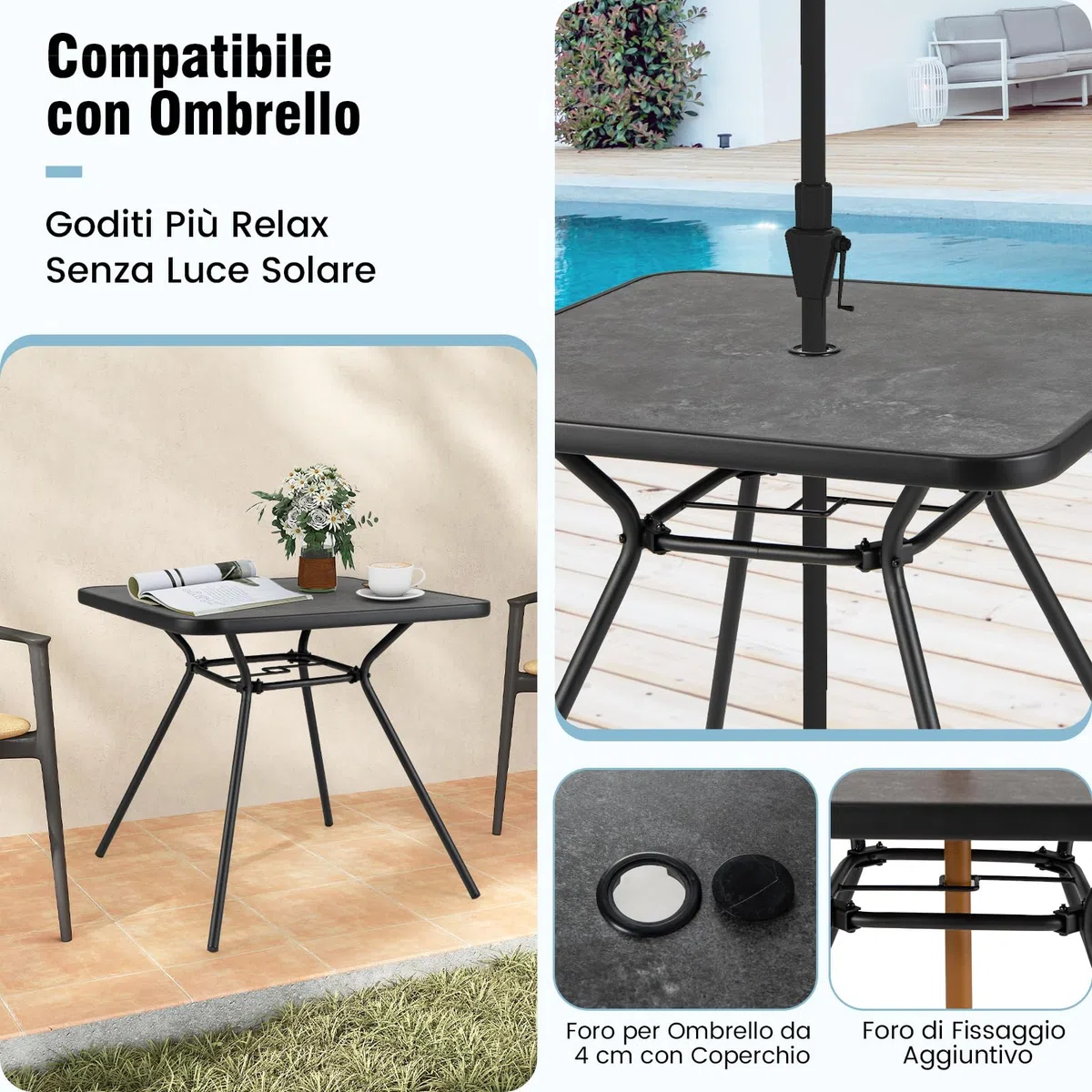RELAX4LIFE Tavolo da Giardino 80x80x73cm SPC Metallo Foro Ombrellone φ4cm Portata 100KG