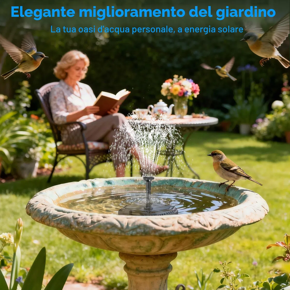 Pompa solare per laghetto 6 W con batteria 10 ugelli 500 l silenziosa fontana da giardino