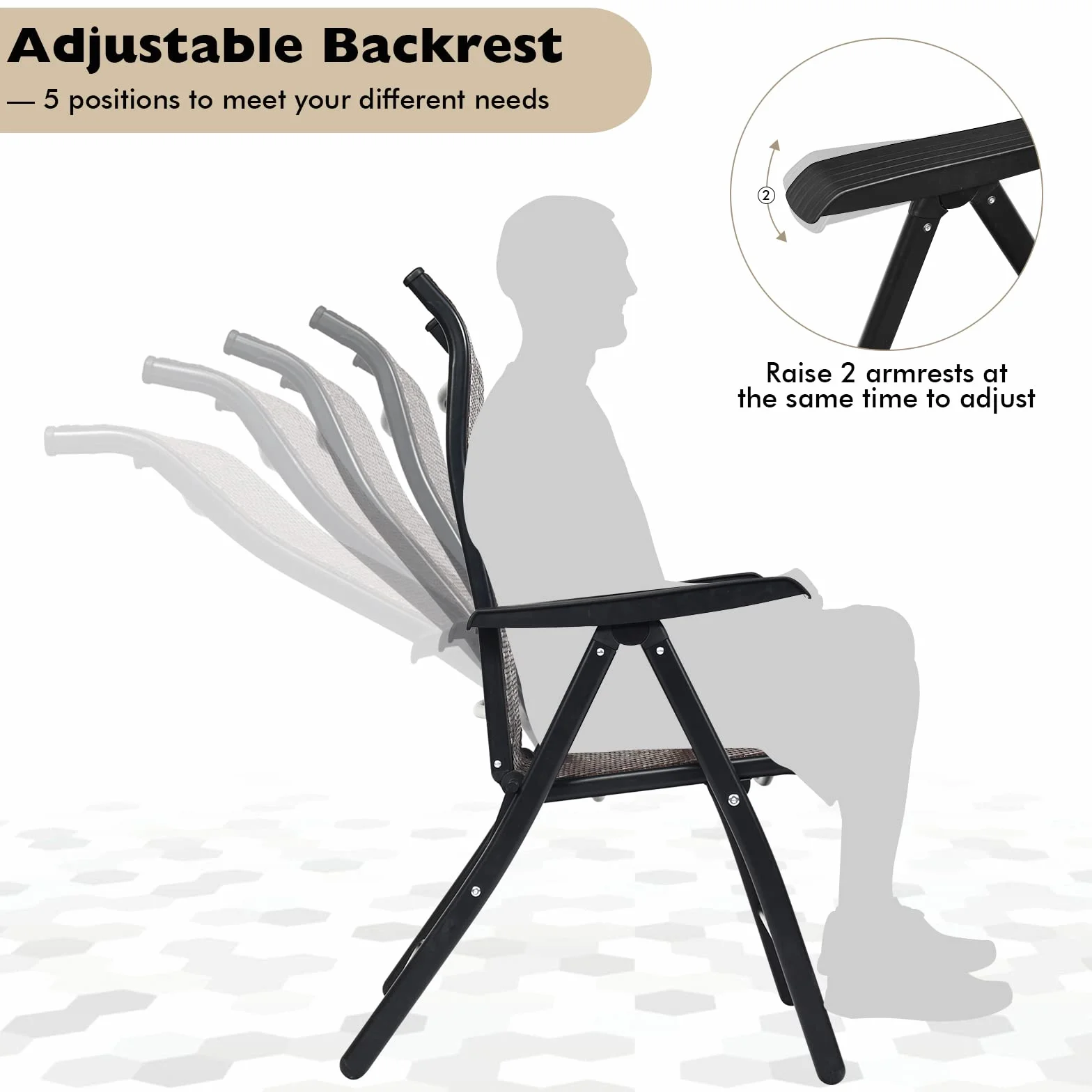 GIANTEX Set di 2 sedie da giardino in rattan con schienale regolabile, sedia pieghevole da giardino, sedia da pranzo, ergonomica, con braccioli, per giardino, balcone