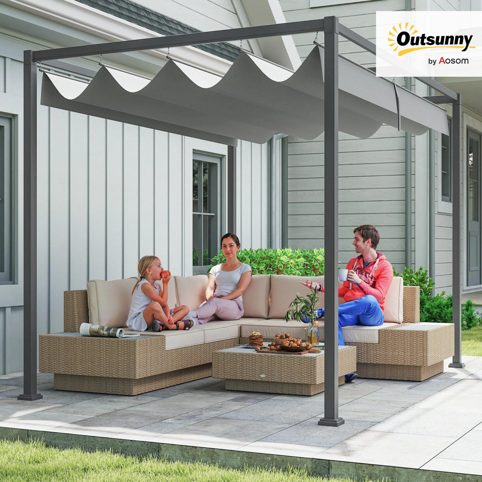 Outsunny Gazebo Pergola 3x2 m con Tettuccio Retrattile, Drenaggio, Picchetti e Viti, Poliestere e Metallo, Grigio