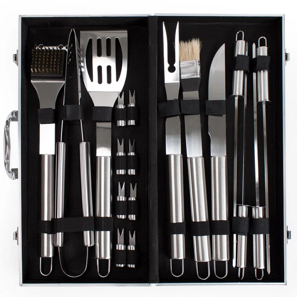 tectake® Set Barbecue Acciaio Inox, Accessori Barbecue con Valigetta Alluminio, Utensili Griglia, kit Barbecue Completo, Posate Barbecue, Spatola Pinza Forchettone, 18 Pezzi