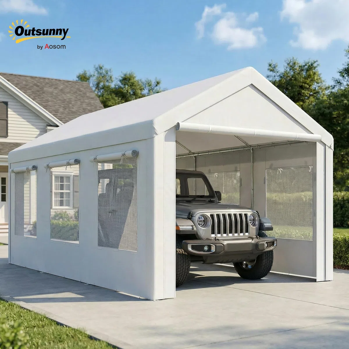Outsunny Casetta per auto 3x6 m protezione UV30 garage mobile altezza regolabile tenda da garage acciaio zincato Ø 37 mm bianco