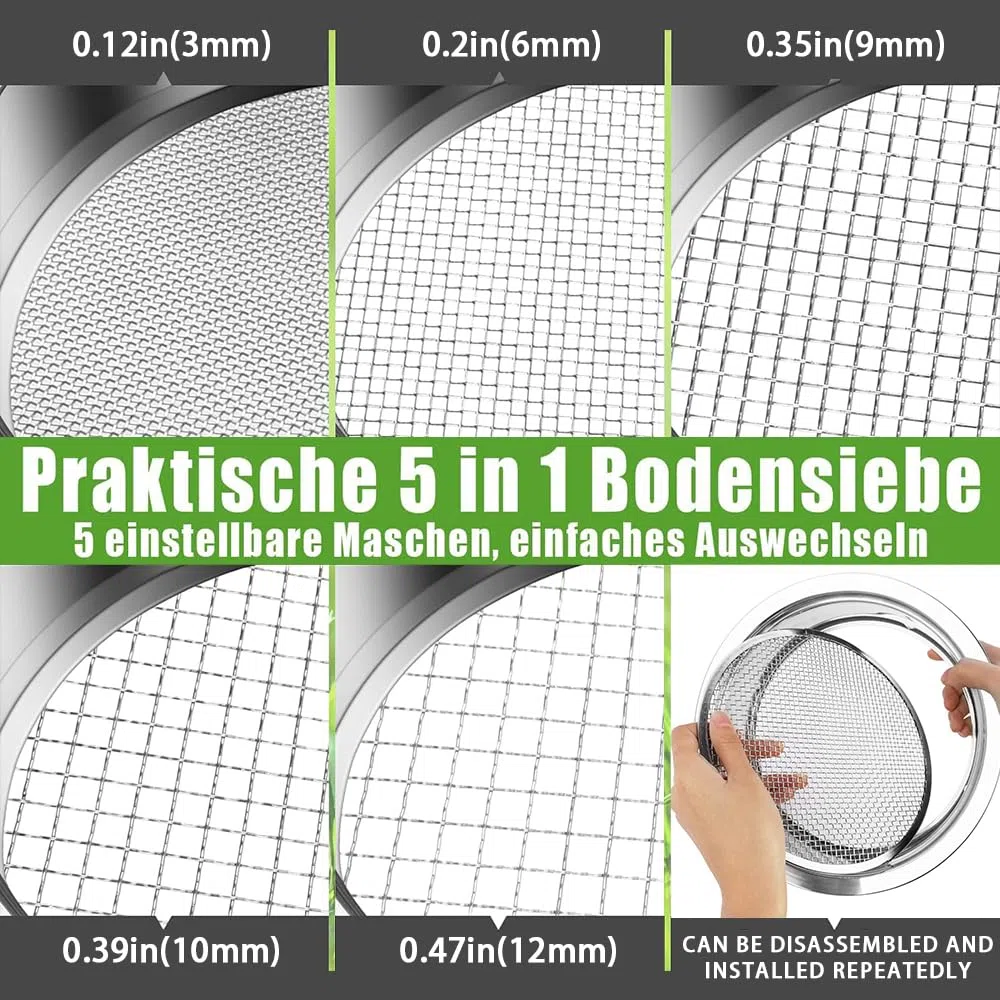Setaccio da Giardino Rotondo 5 in1 20 cm Acciaio Inox con Inserti 3-12 mm per Terriccio Compost