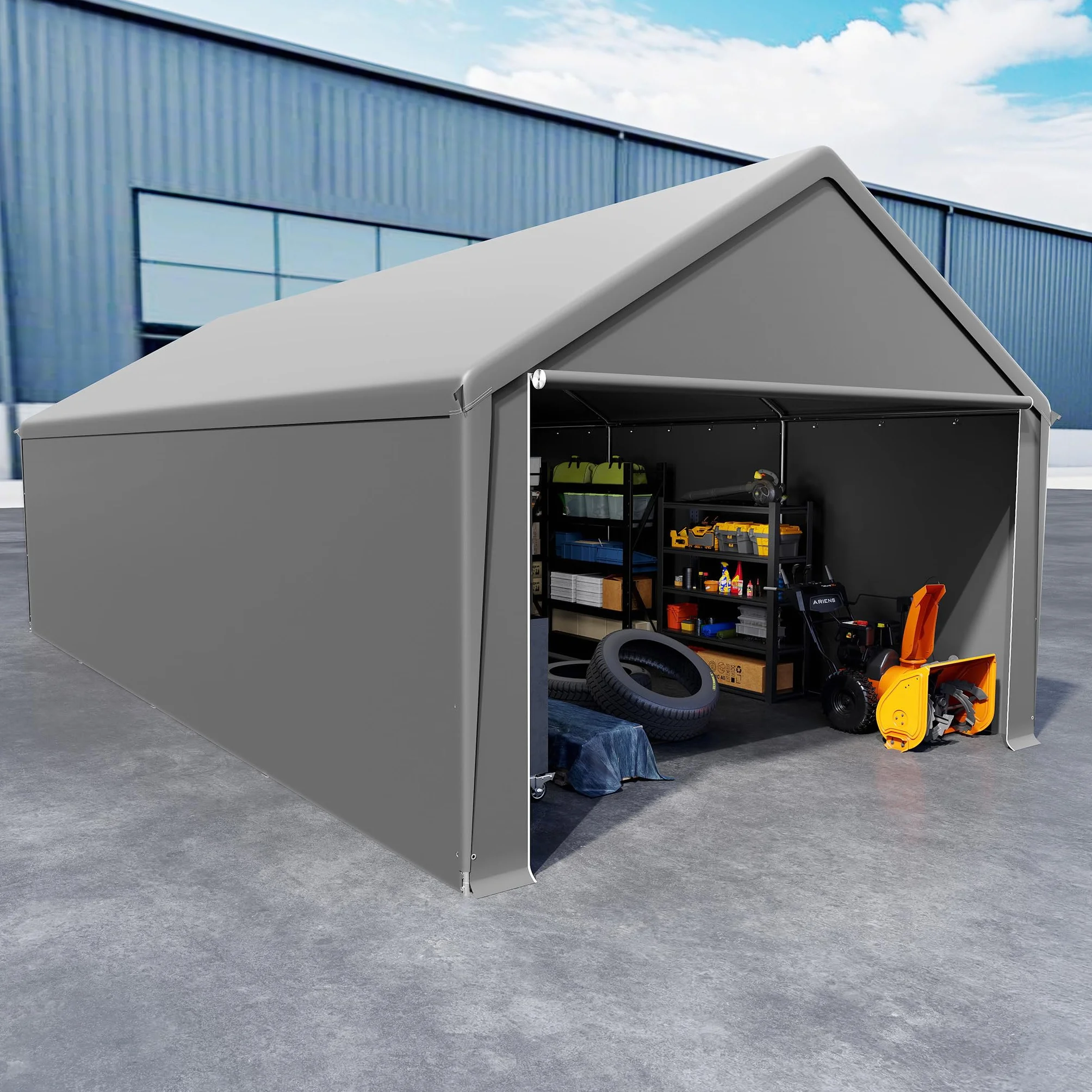 LZQ Tenda da magazzino, 4 x 8 m, tenda per attrezzature, casetta degli attrezzi e garage con robusto telo in polietilene, resistente alle intemperie, con rinforzo sul tetto e telaio per attrezzi