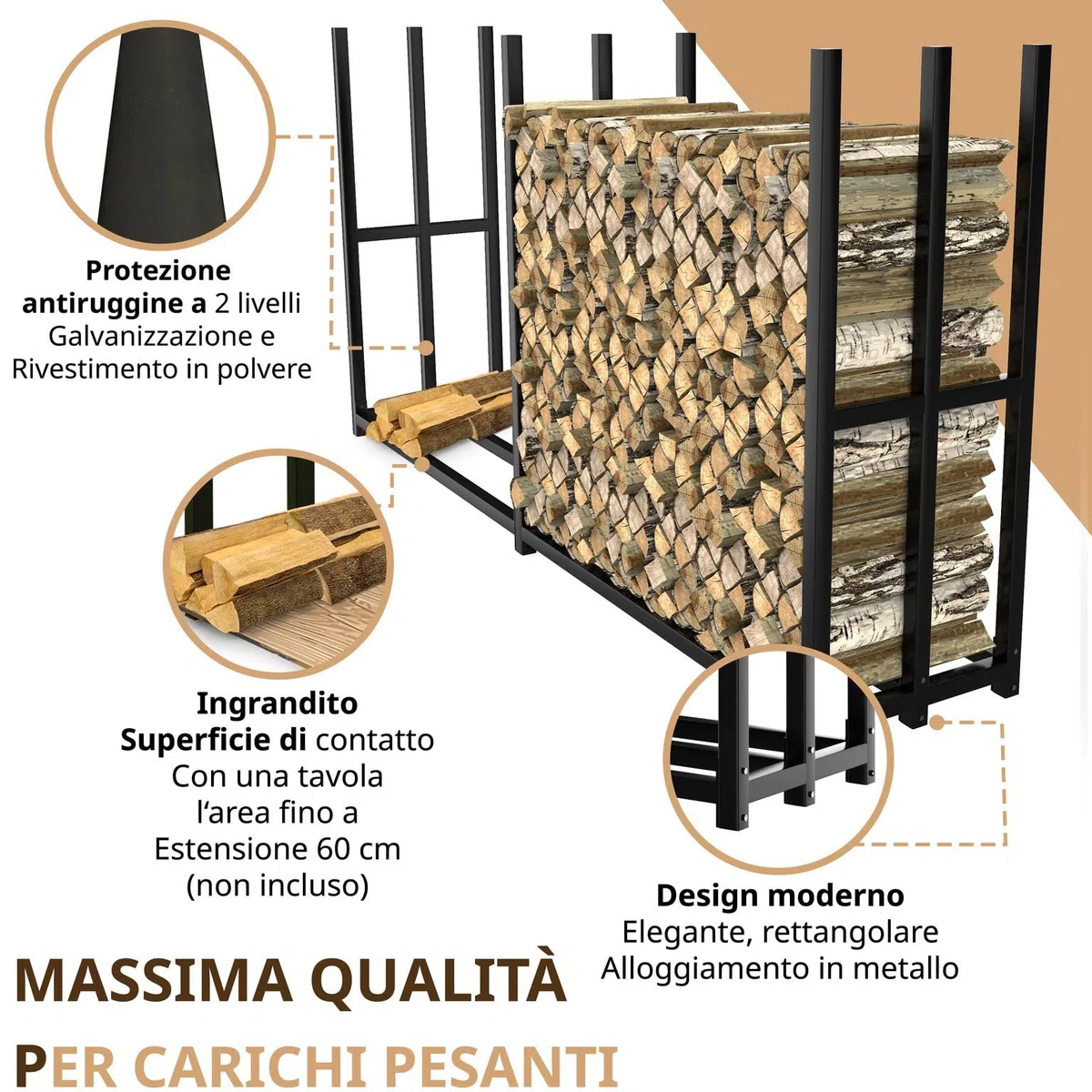 Portalegna da esterno in metallo zincato nero 223 x 50 x 115 cm legnaia per legna da ardere