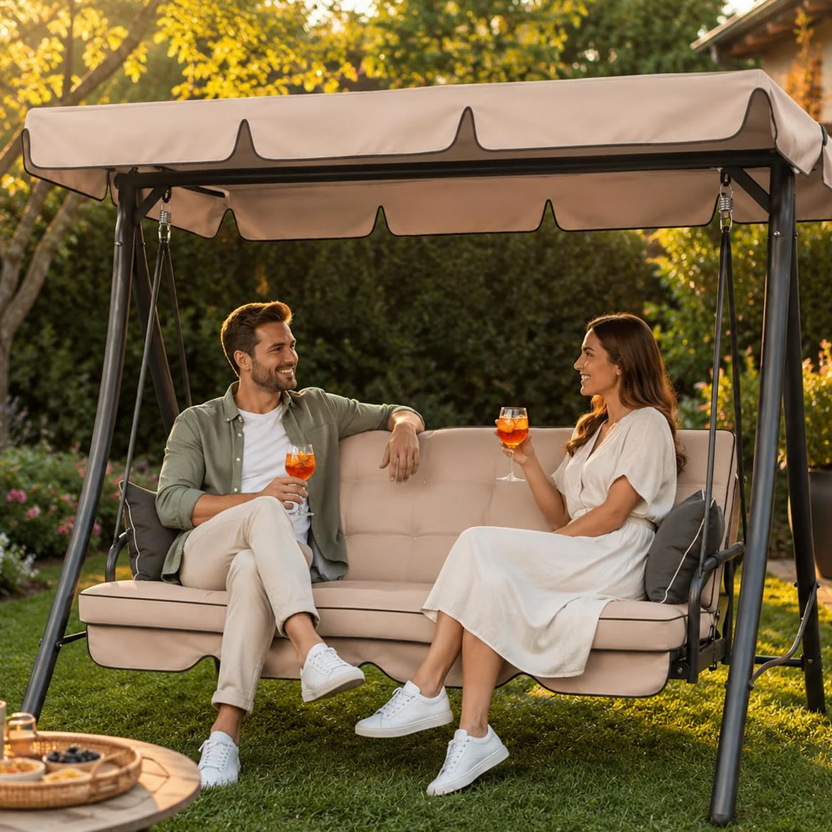 Letto Da Giardino 3 Posti Beige Panama Schienale Reclinabile Tetto Parasole Regolabile Set Cuscini 203 x 115 x 170 cm