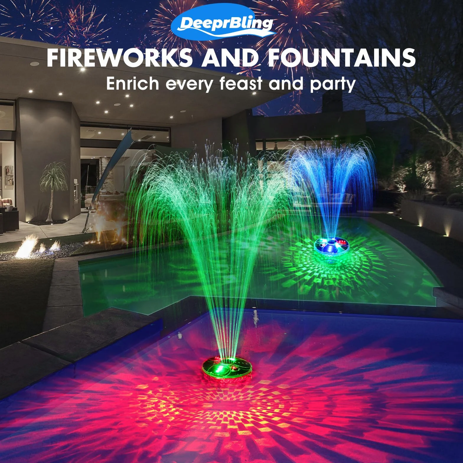 DeeprBling Fontana Galleggiante Piscina con Luci Subacquee, Fontana Piscina con Telecomando e Pulsanti, 2 Modalità di Spruzzatura e 7 Modalità di Luce LED, Fontana per Piscina con Ancora