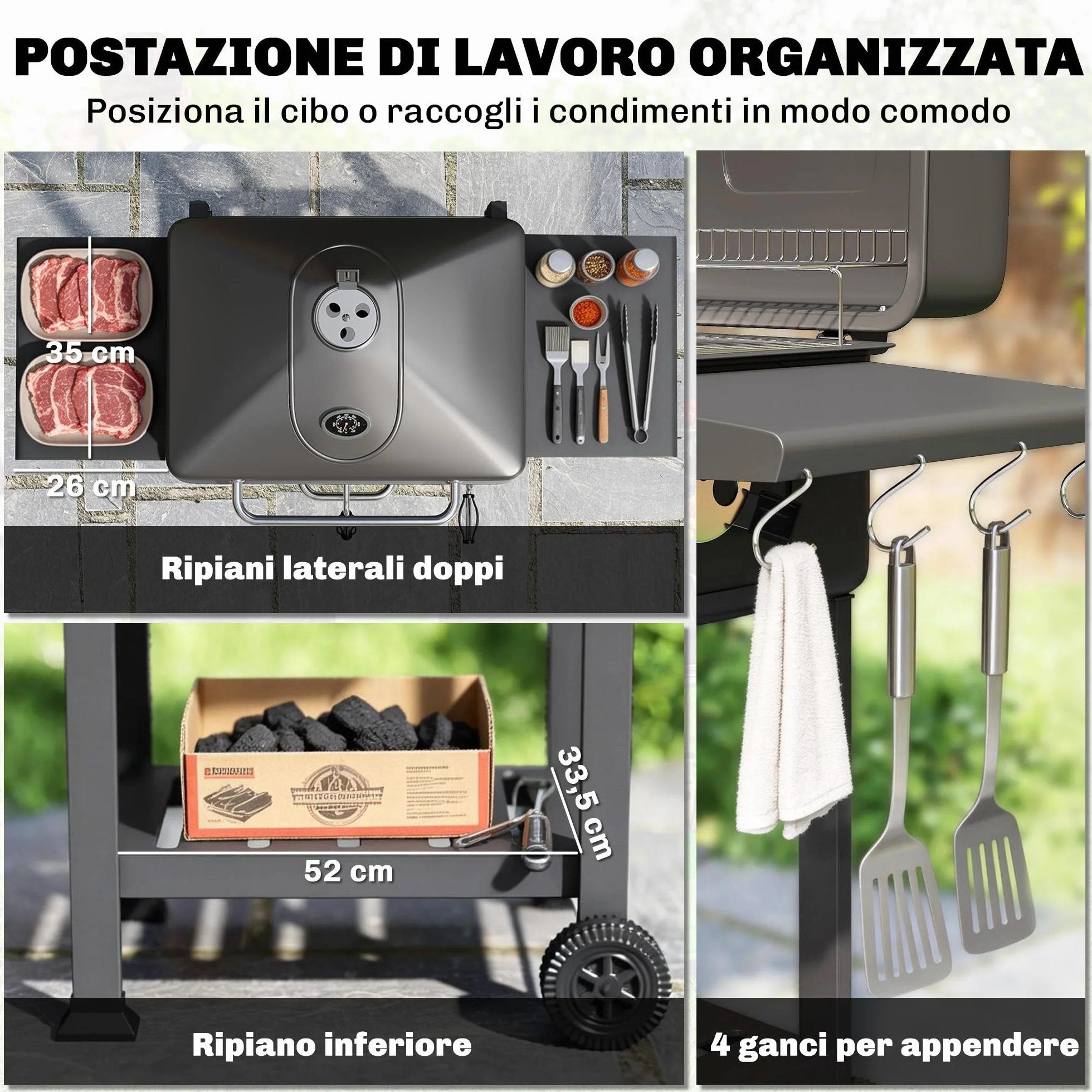 Outsunny Barbecue Carbonella Carrello BBQ Portatile con Griglia e Coperchio, Nero