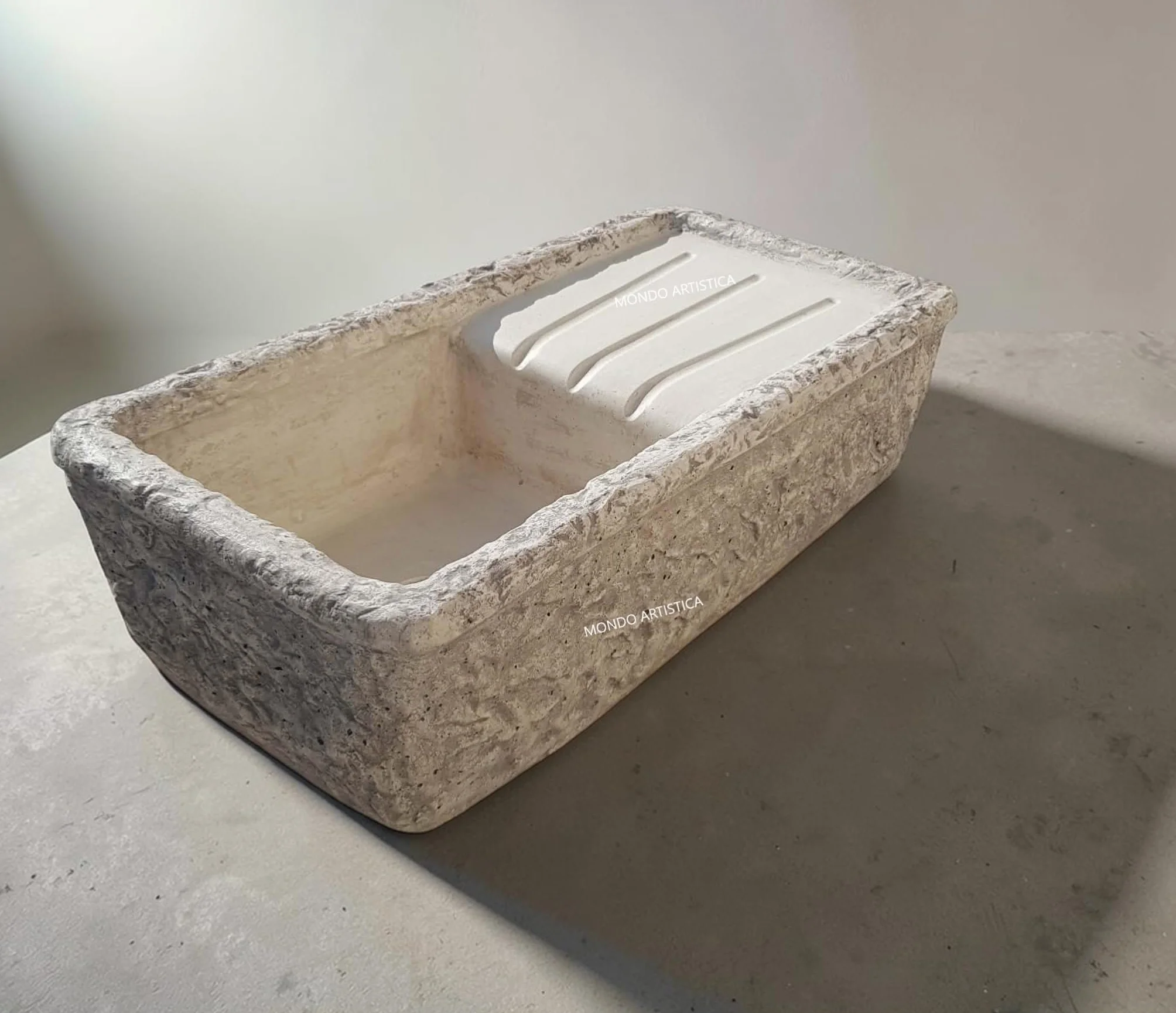 Lavandino Da Esterno, Lavabo Per Giardino, Pilozzo Con Vasca E Gocciolatoio, Fontana Altezza 22 cm, Larghezza 80x40 Cm, In Cemento Bianco E Polvere Di Marmo, Colore Sfumato Grigio, Mondo artistica