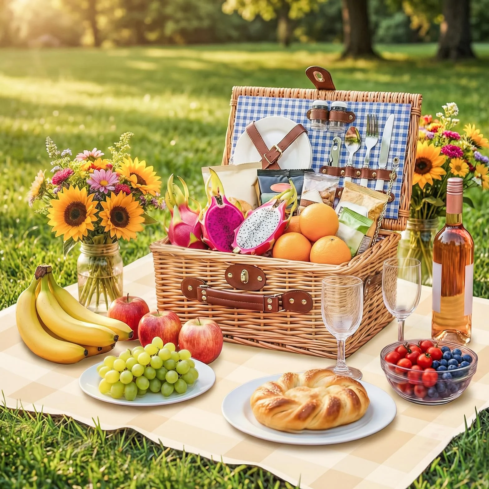 Cesto da Picnic in Vimini per 2 Persone con Scomparto Termico, Blu