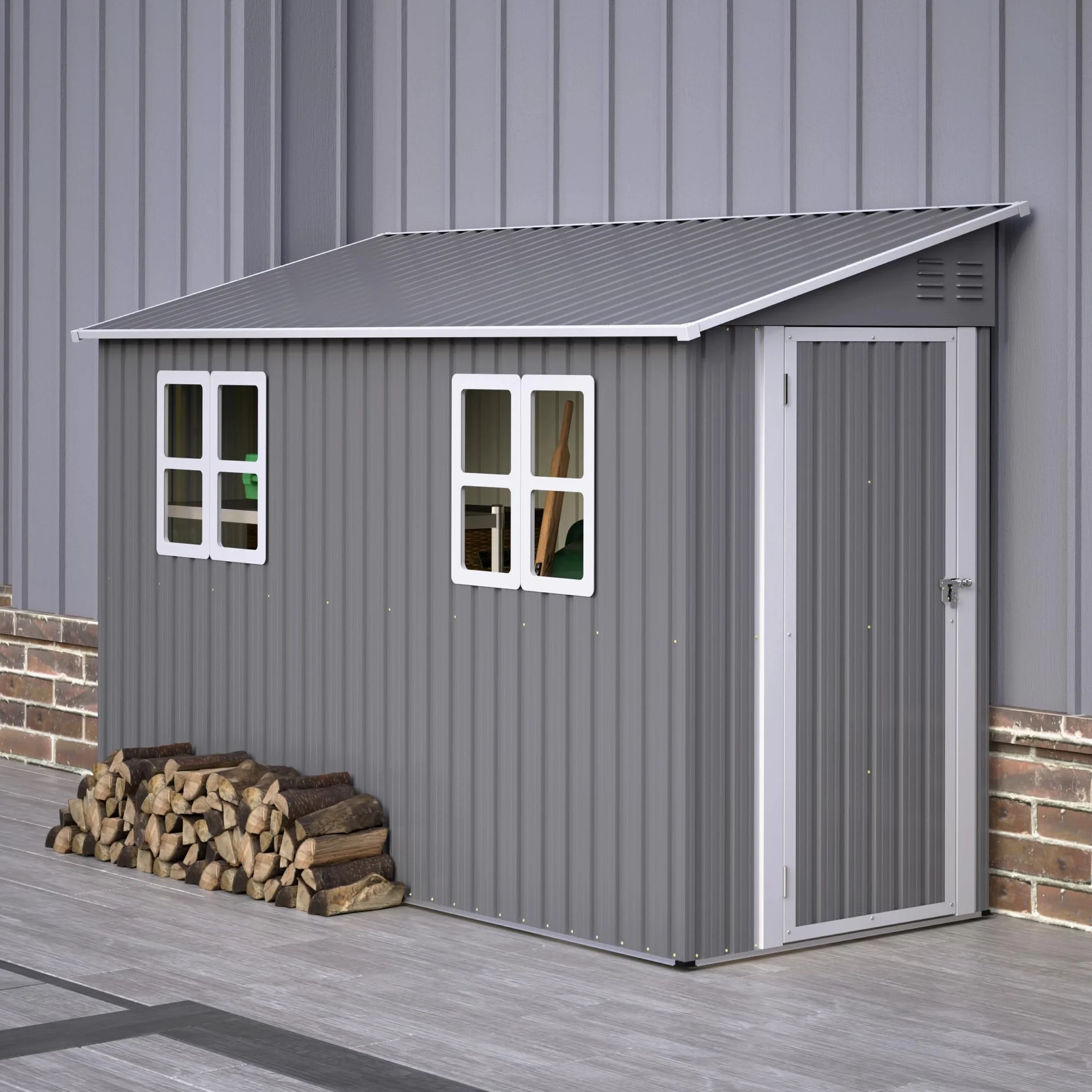 4x10 FT Casa in metallo per attrezzi con tetto a due spioventi e design a tetto spiovente con doppia porta che si apre a sinistra/destra e 2 finestre, capanno per attrezzi stabile e resistente agli