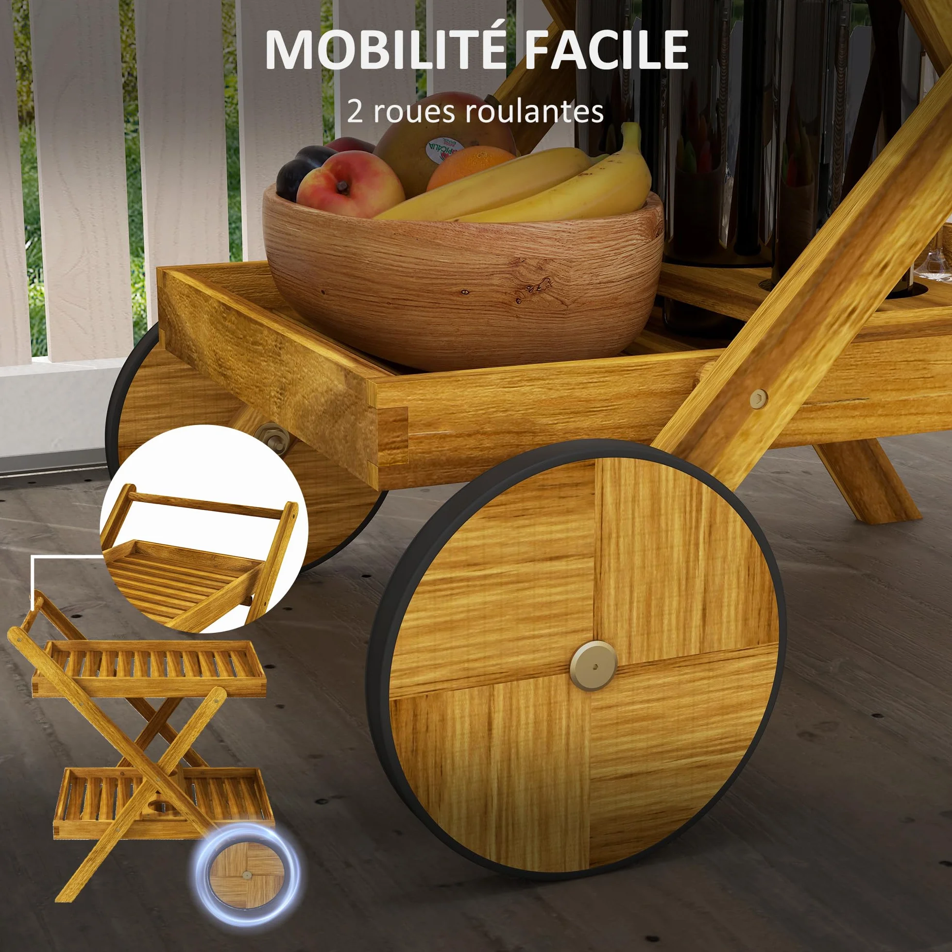 Outsunny Carrello da giardino barbecue legno 2 vassoi 52x71x74 cm
