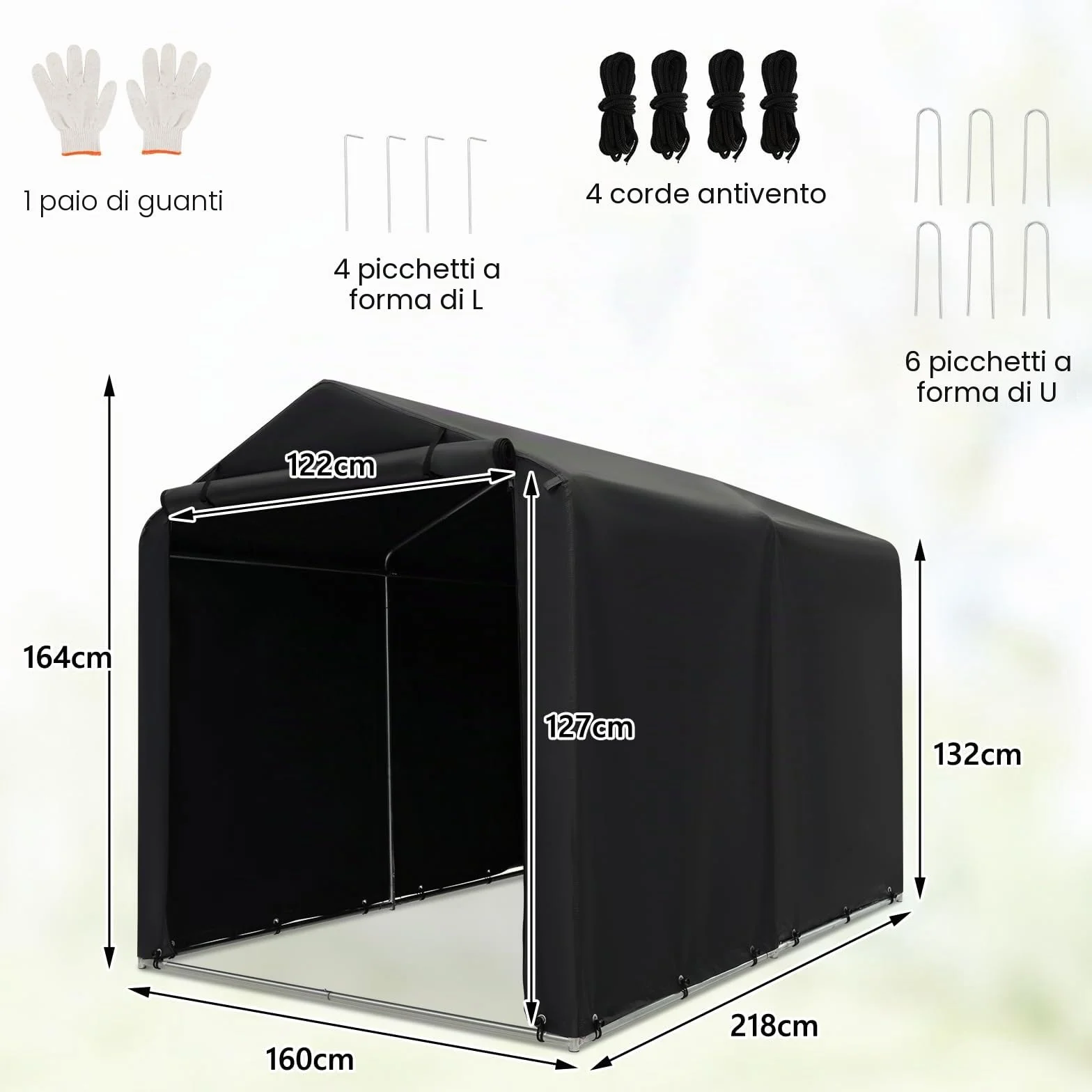 SOARS Capanno da Giardino 218 X 160 X 164 CM, Tenda Garage per Bici Moto Attrezzi, con Copertura en PE Impermeabile, Porta con Cerniera, Telaio in Metallo, Picchetti, per Esterno (Grigio Scuro)