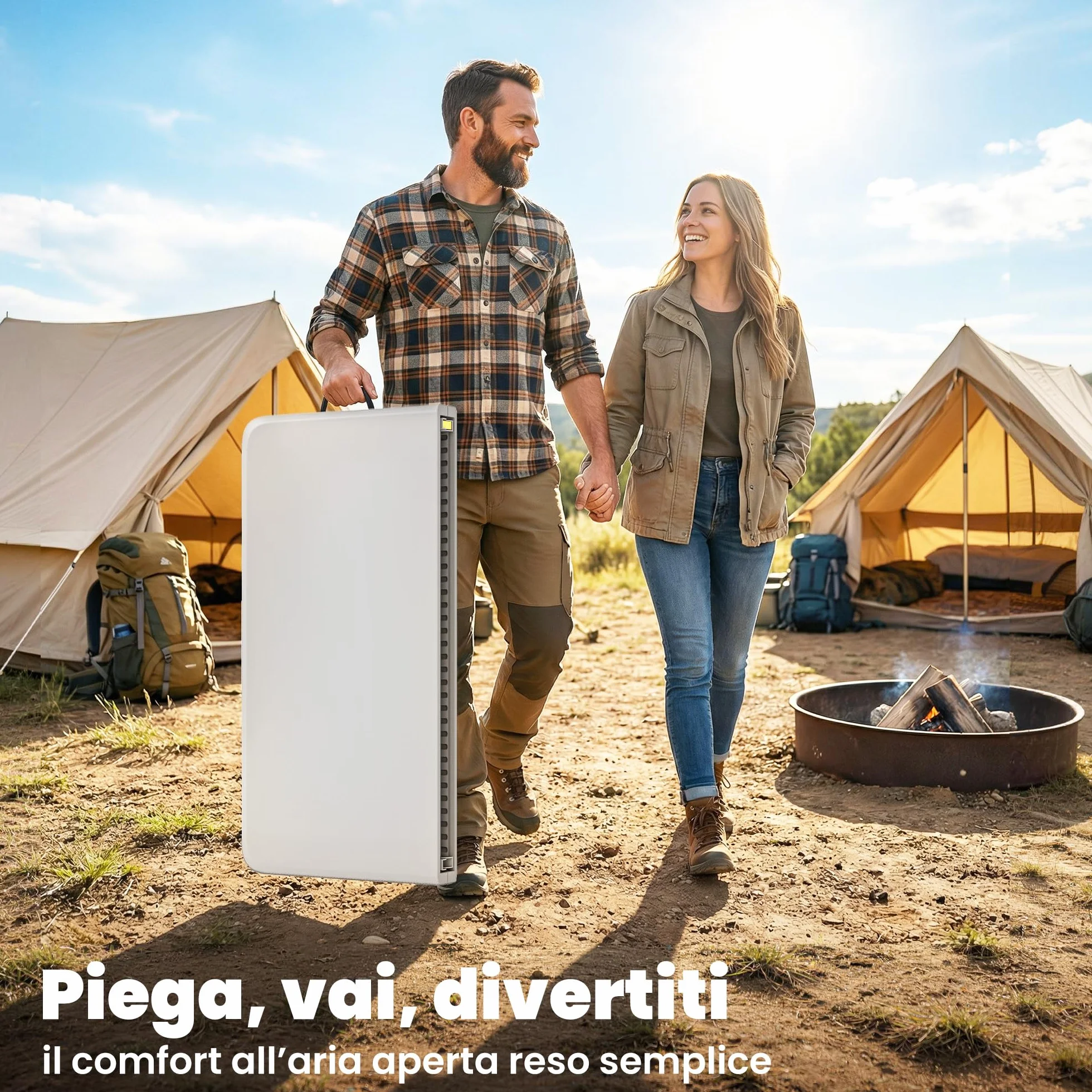 Outsunny Tavolo da Campeggio Pieghevole Quadrato 86x86x74 cm Bianco