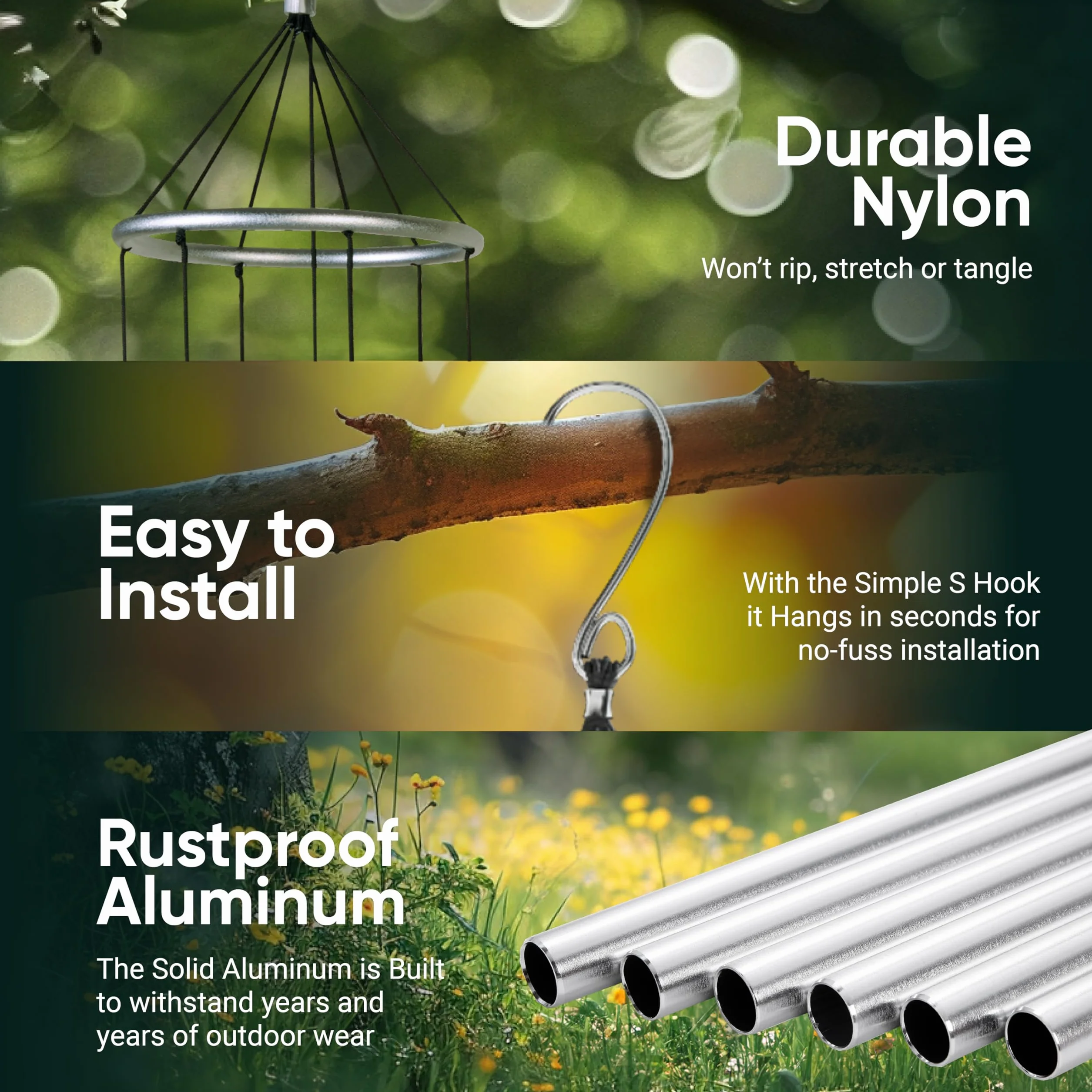 Nature's Melody Aureole Tunes - Campane a vento da esterno con 6 tubi sintonizzati su scala pentatonica Si, 100% alluminio antiruggine, finitura a polvere e gancio a S per appenderlo, regalo