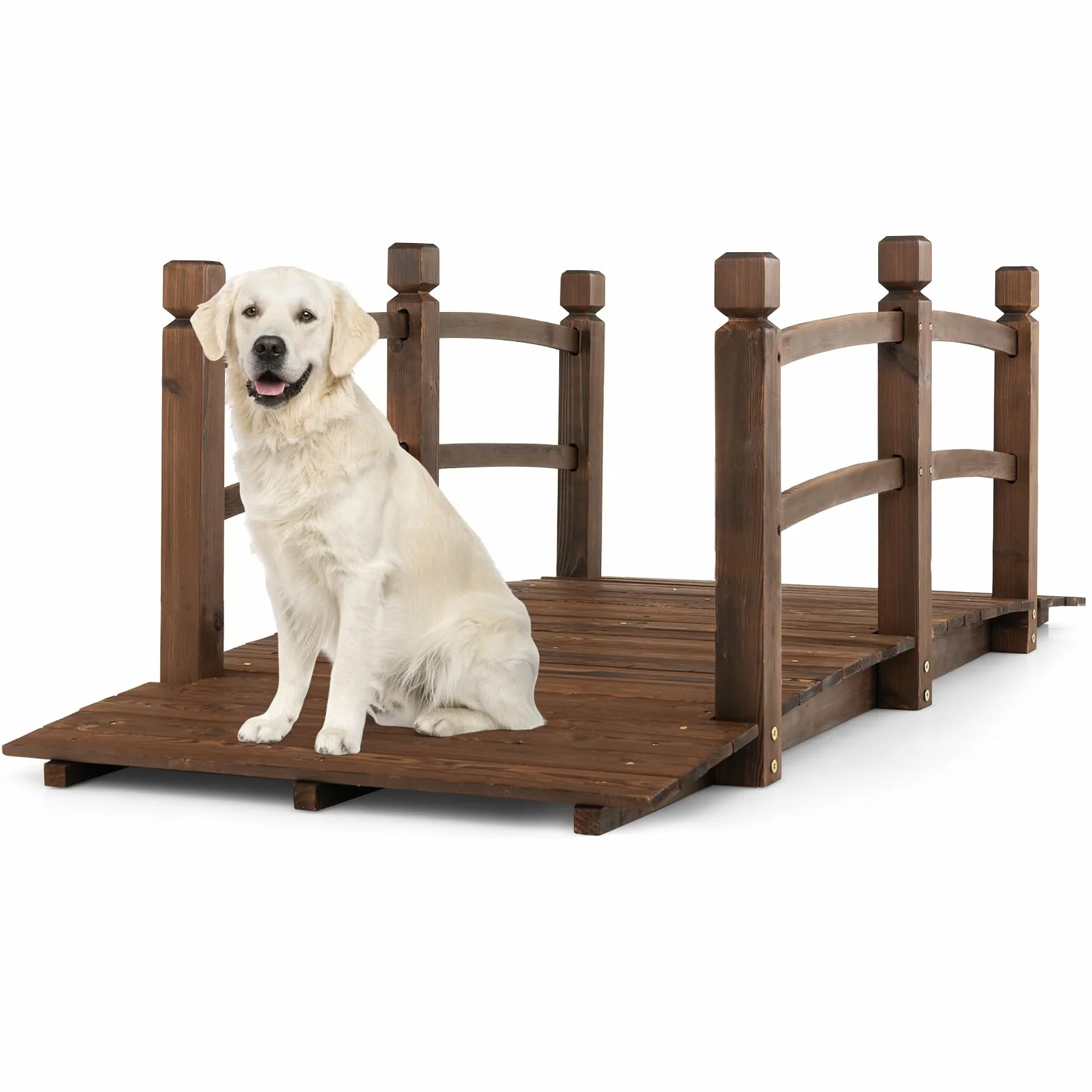 GYMAX Ponte da Giardino in Legno di Abete con Balaustra, Fondo Rinforzato, Ponticello Decorativo Carbonizzato Resistente alle Intemperie per Giardino Cortile, Portata 180kg, 172x75x58,5cm, Marrone