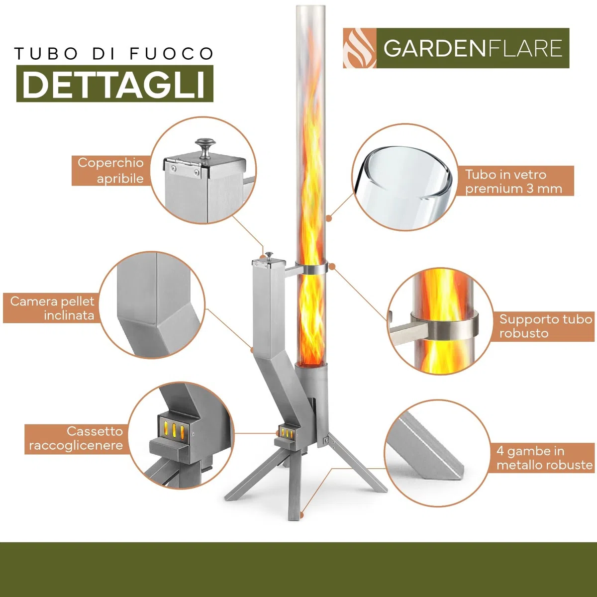 GARDENFLARE Colonna di Fuoco in Acciaio Inox e Torcia a Pellet per un'Atmosfera Incantevole – Elegante Alternativa ai Riscaldatori da Terrazza e ai Camini da Giardino per la Tua Terrazza (Argento)