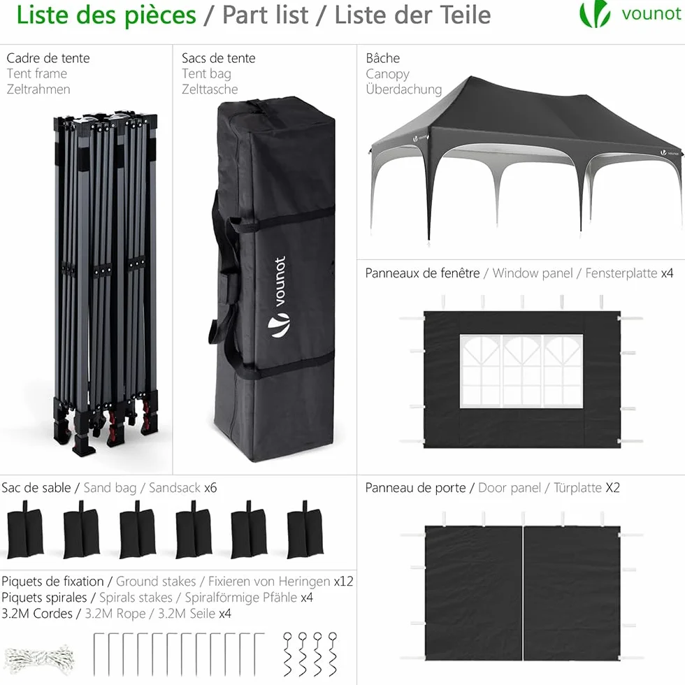 VOUNOT® Gazebo Pieghevole 3x6m Impermeabile con 6 Pareti Laterali Nero