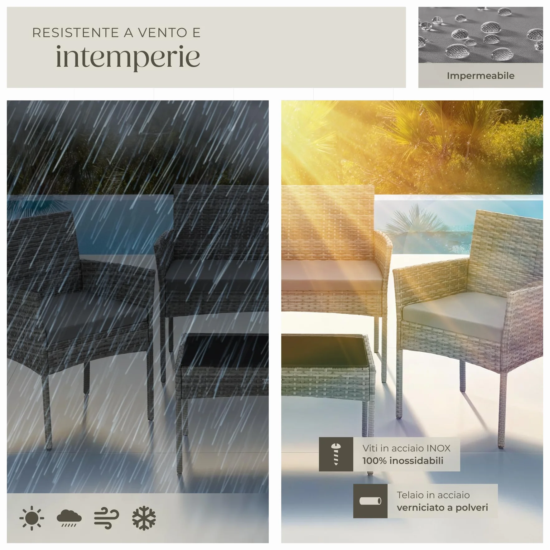 Tectake Set da Giardino in Rattan 4 Posti Polyrattan Resistente Cuscini Idrorepellenti Lavabili Tavolino Vetro di Sicurezza Grigio