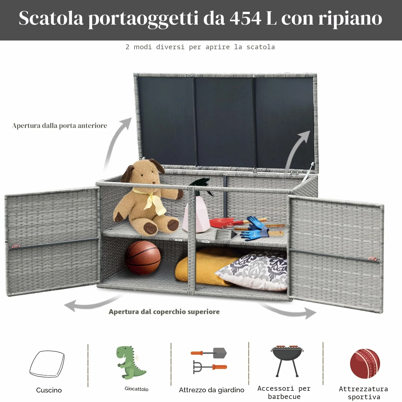 KOMFOTTEU Cassapanca Contenitore da Esterno 330L Rattan Telaio Acciaio Baule Giardino Resistente UV Impermeabile 115x60x65 cm Grigio