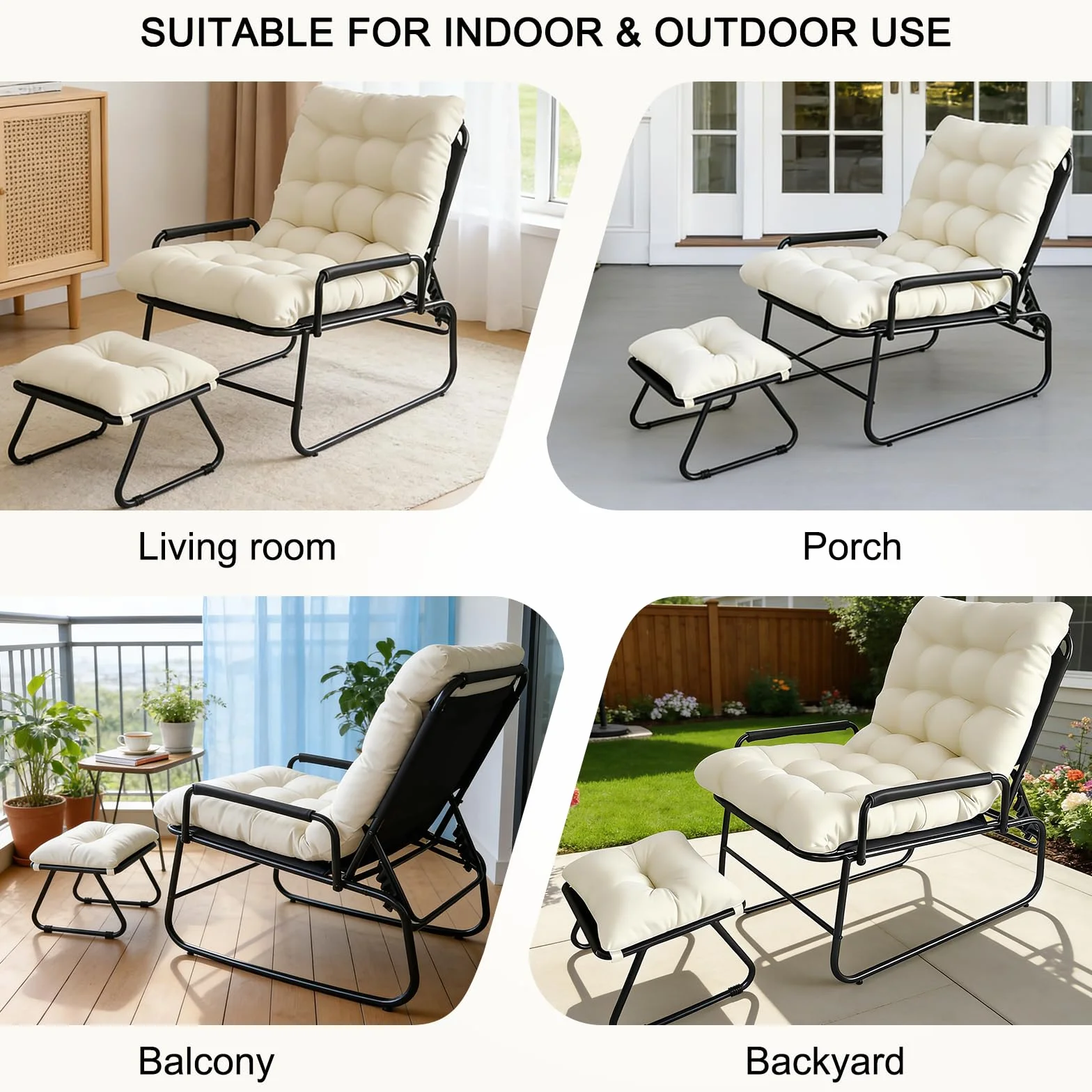 Sdraio da Balcone, Schienale Regolabile in 4 Posizioni, Poltrona Reclinabile con Poggiapiedi, Sdraio da Giardino con Cuscino Sfoderabile, Ideale per Balcone, Giardino e Soggiorno (Beige)