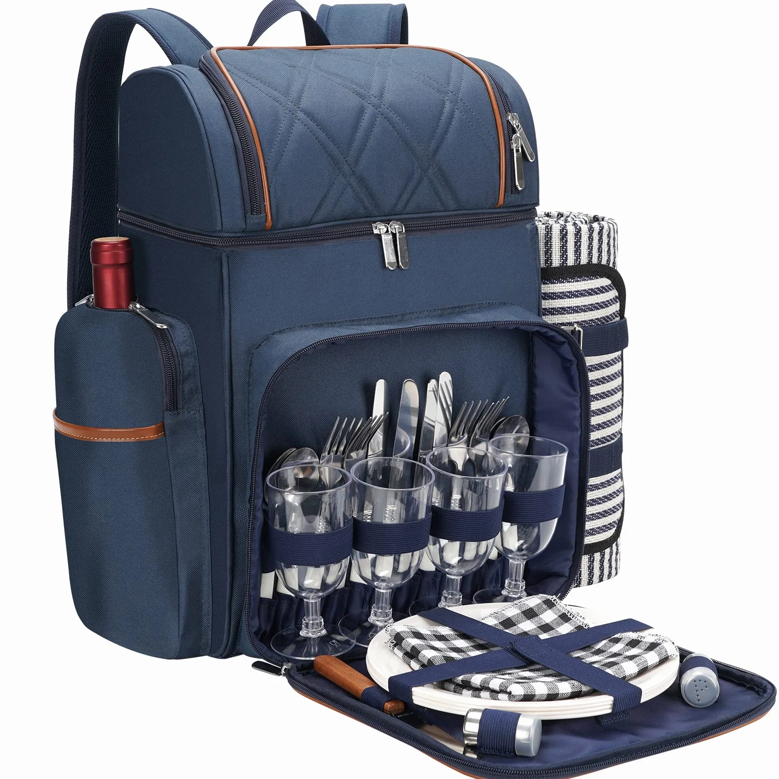 Zaino da picnic per 4, set cestini, borsa termica a prova di perdite, coperta, doppio ponte