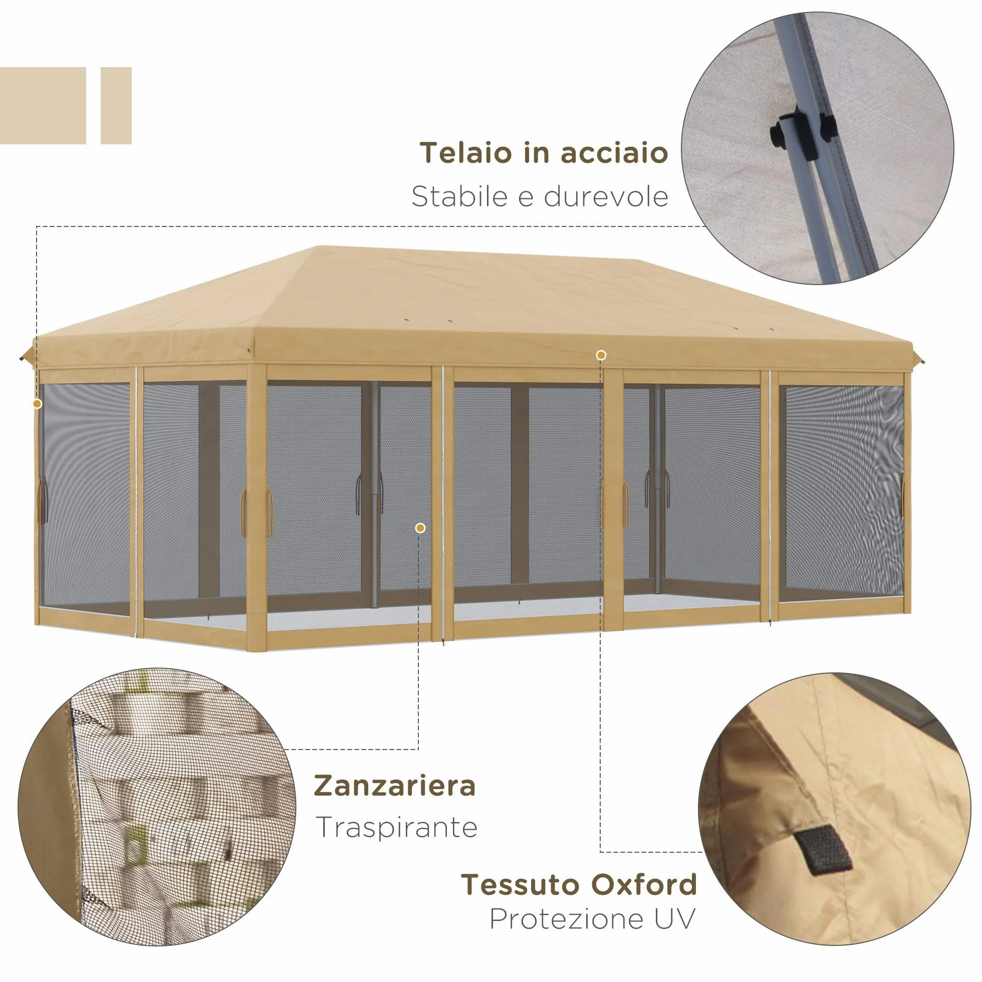 Outsunny Gazebo Pieghevole 6x3 Pop Up con Zanzariere, Acciaio, Tessuto Oxford, Beige