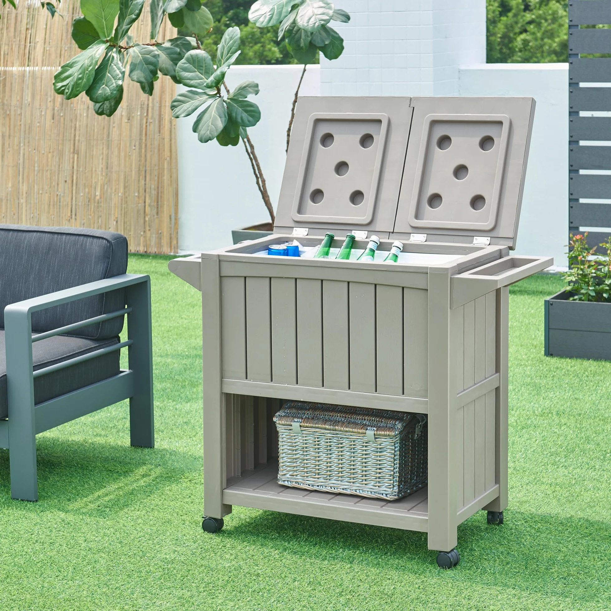 Casa.pro Carrello Portavivande Termico Giardino 80L Apertura Ribalta Apribottiglie Rotelle Bloccabili 102x47x87 cm Beige