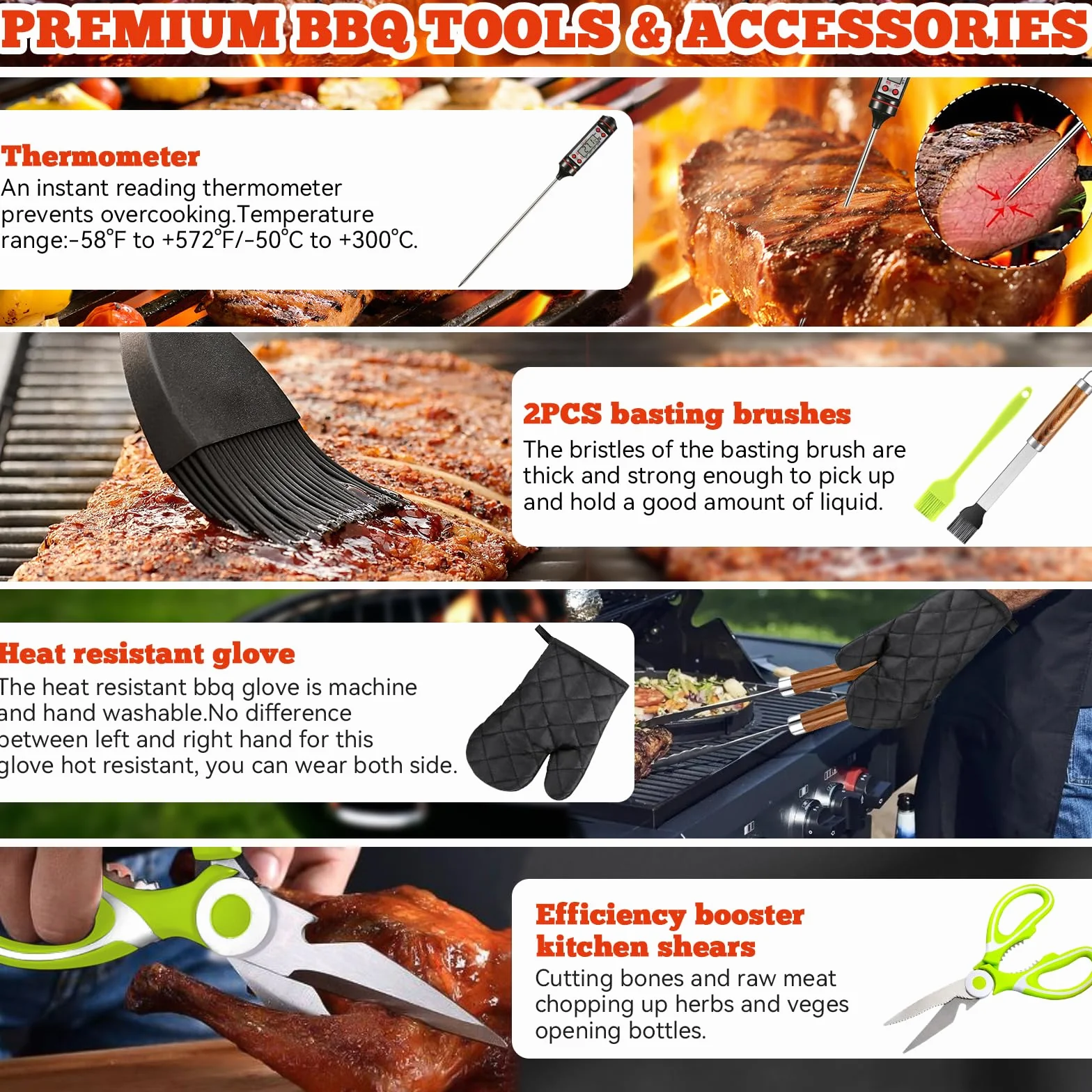 Set Barbecue 34 Pezzi, Utensili da Barbecue in Acciaio Inox, Accessori da Grill, con Borsa di Archiviazione e Tappetini, Regalo per Uomini, per Campeggio e Feste all'Aperto