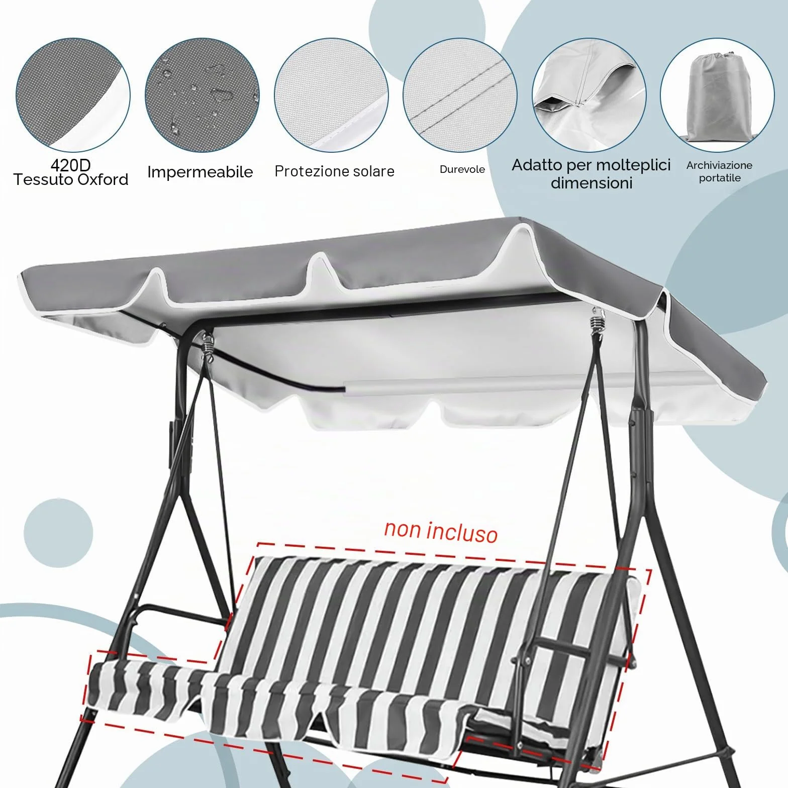 Tettuccio per Dondolo Tetto di Ricambio per Dondolo da Giardino, Copertura di Ricambio Dimensioni 2 e 3 Posti e Vari Colori, 210 x 145 cm (Grigio)