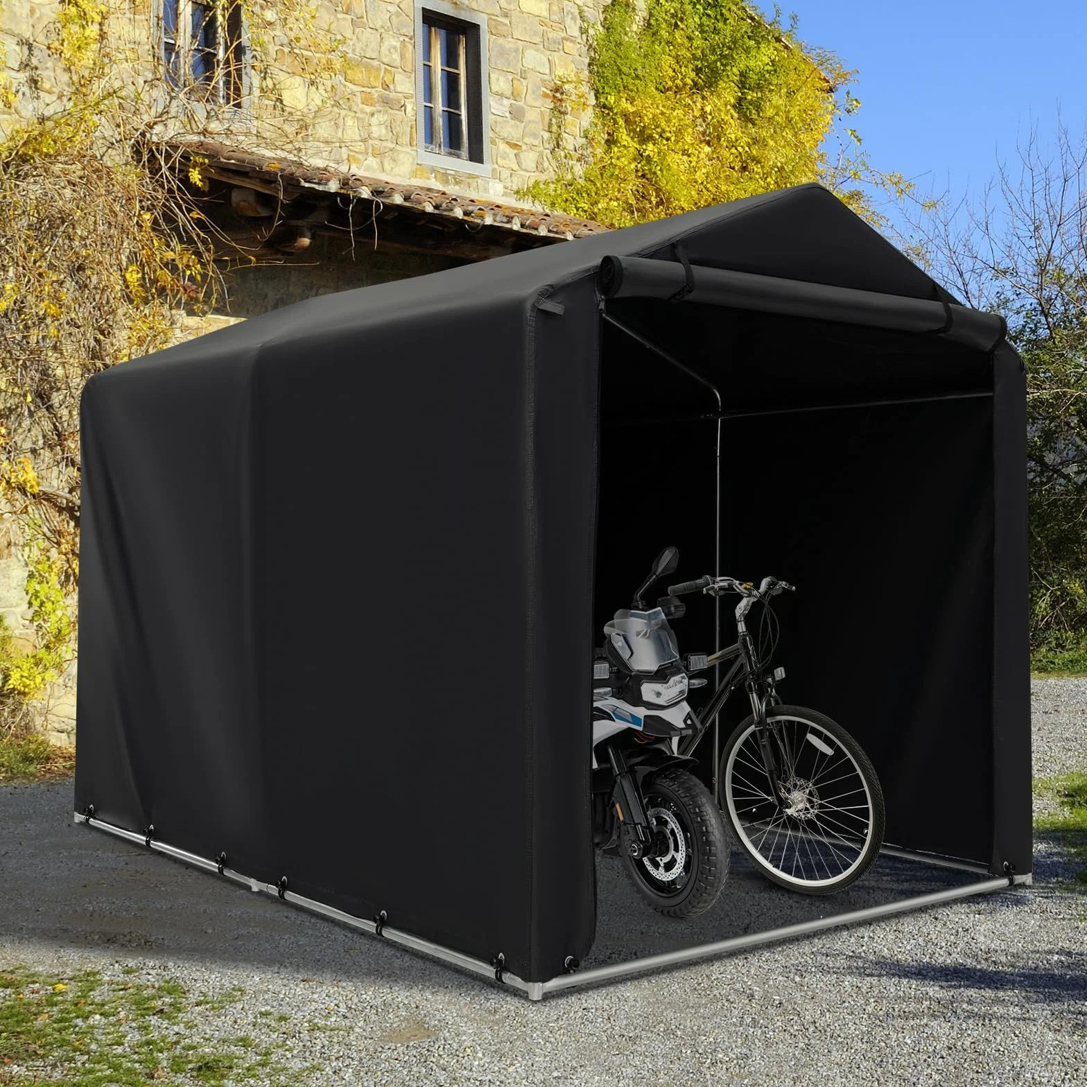 SOARS Capanno da Giardino 218 X 160 X 164 CM, Tenda Garage per Bici Moto Attrezzi, con Copertura en PE Impermeabile, Porta con Cerniera, Telaio in Metallo, Picchetti, per Esterno (Grigio Scuro)