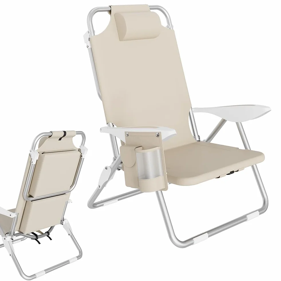 BAKAJI Sedia Pieghevole da Spiaggia in Alluminio con Tasca e Borsa Termica (Beige)