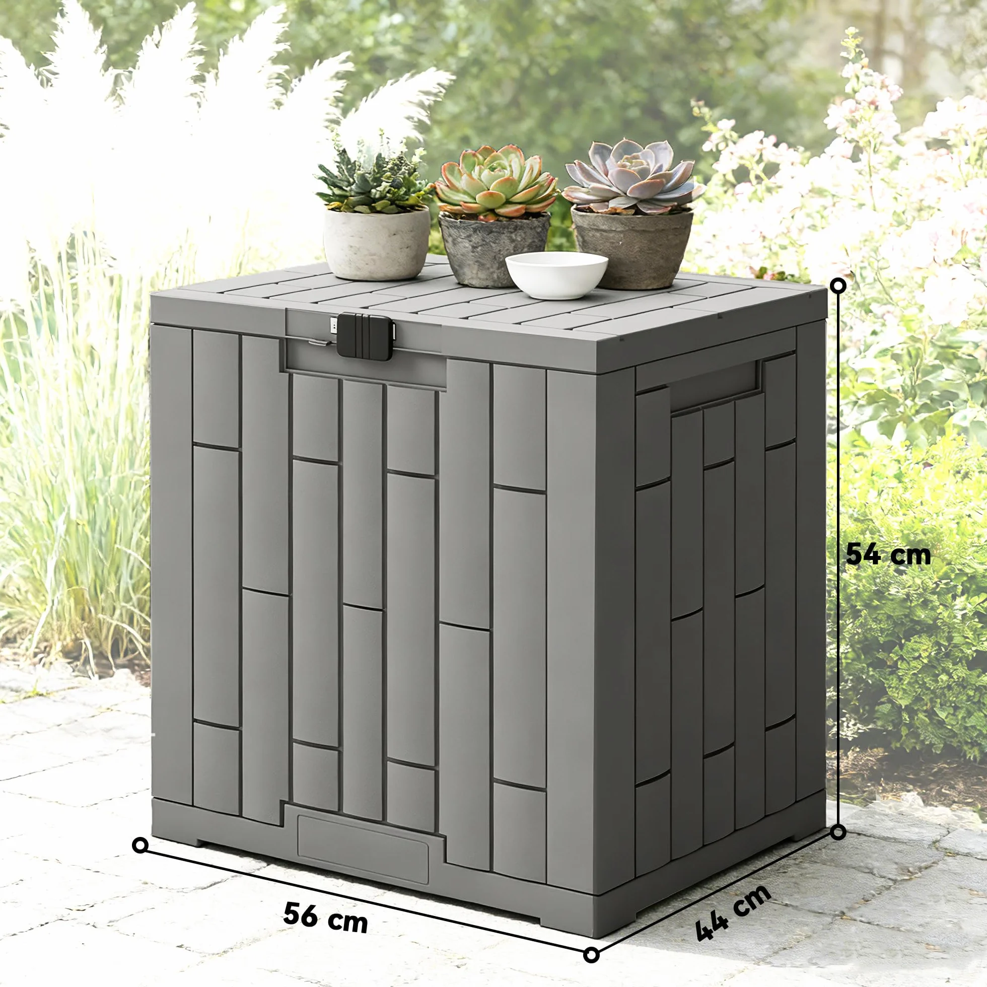Outsunny Baule da Esterno 114L PP con Coperchio Serratura e Protezione UV, Effetto Legno Grigio