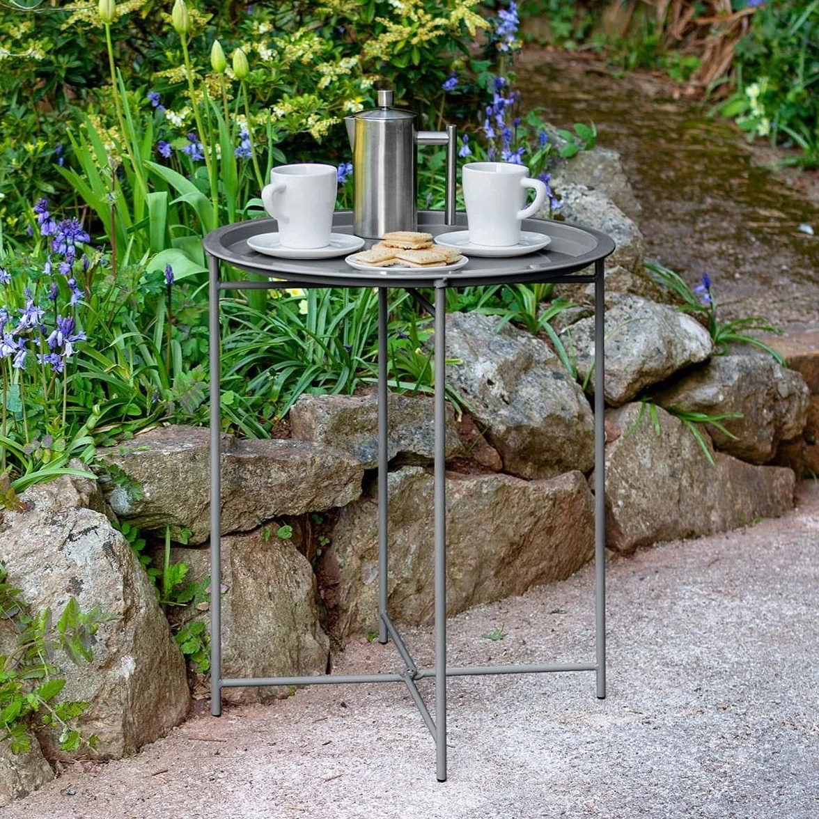 CKB LTD tavolino rotondo pieghevole da esterni e interni con vassoio rimovibile, in acciaio verniciato a polvere, singolo tavolo da giardino, per arredamento, colore grigio antracite
