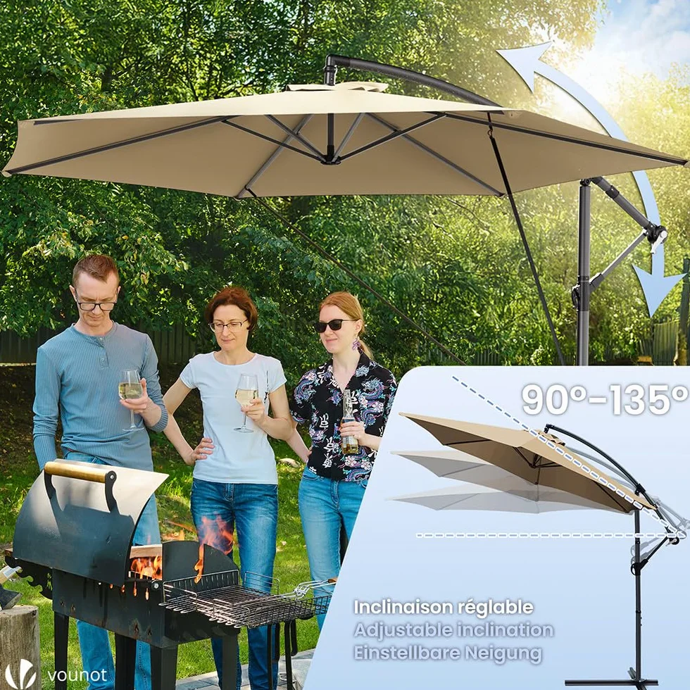VOUNOT Ombrellone da Giardino Decentrato 3M con Base a Croce e Cinghia Antivento Protezione UV Cachi