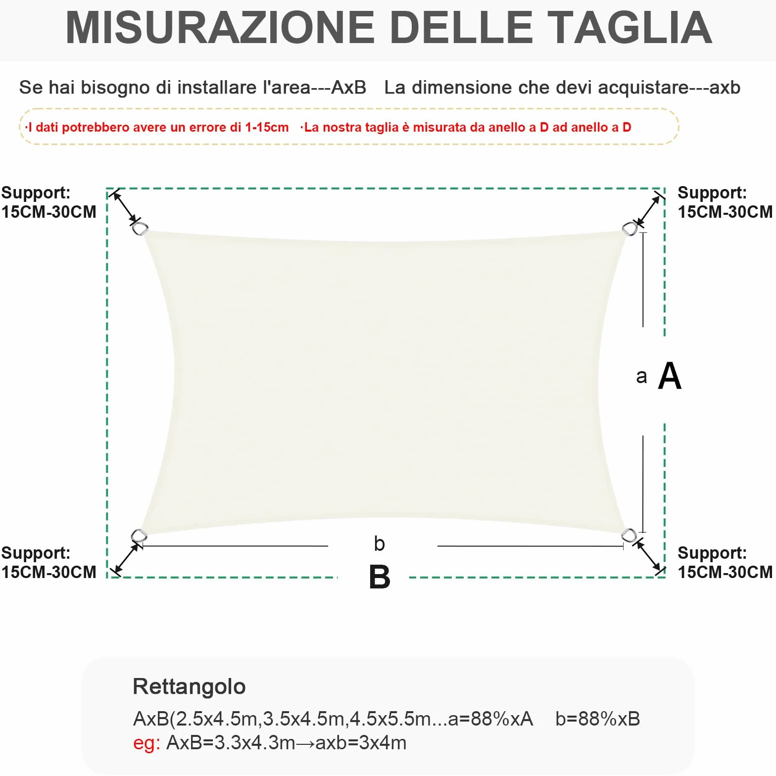 Tenda a Vela Impermeabile Rettangolare 3x4m Vela Ombreggiante Parasole Protezione Raggi UV per Esterno Giardino Beige
