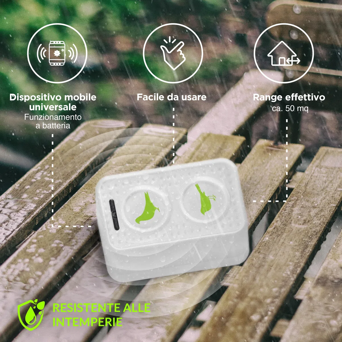 ISOTRONIC dissuasore uccelli ultrasuoni piccioni passeri gabbiani corvi batteria balconi tetti giardini raggio 50m² 2 unità efficace esterno protezione difesa stop volatili ecologico mobile casa