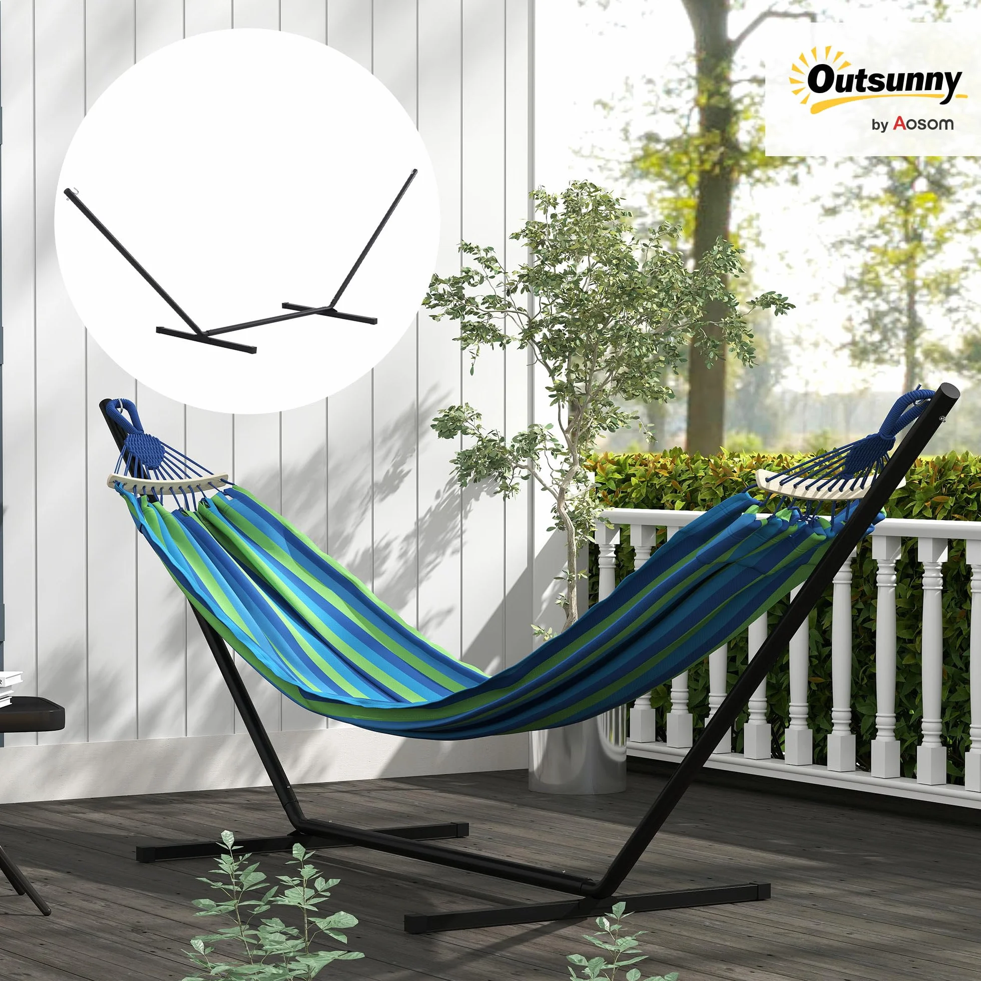 Outsunny Supporto per Amaca 330-360 cm per Interno ed Esterno con Bordi in Gomma, Sostegno per Amaca in Metallo, 360x92x112 cm, Nero