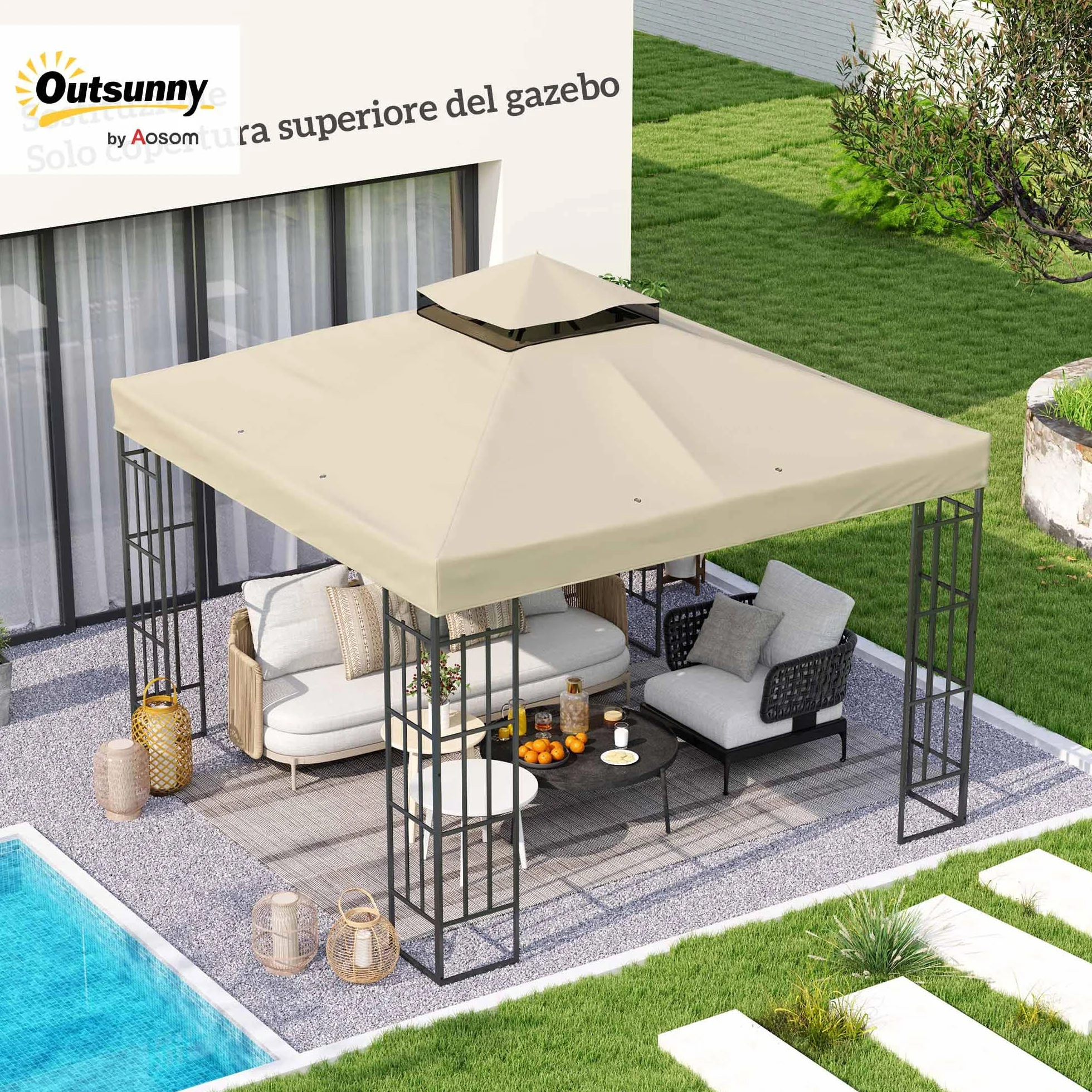 Outsunny Tetto di Ricambio per Gazebo 3x3 m 2 Livelli, Telo Copertura Resistente all'Acqua in Tessuto Oxford 370g/㎡ Anti-UV 30+ con Fori di Drenaggio, Crema