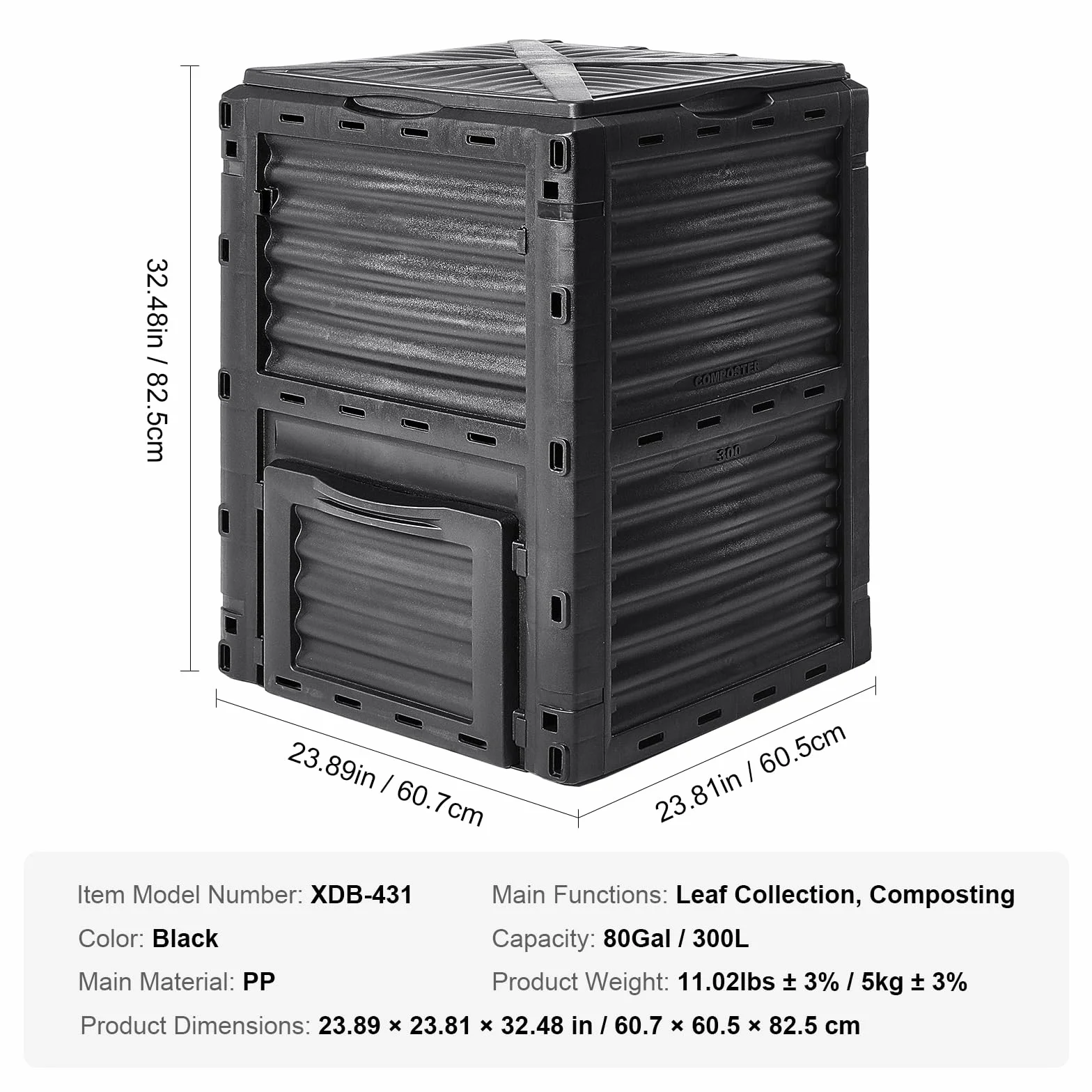 VEVOR Compostiere da Giardino 300 L Contenitore per Compost Esterni Senza BPA