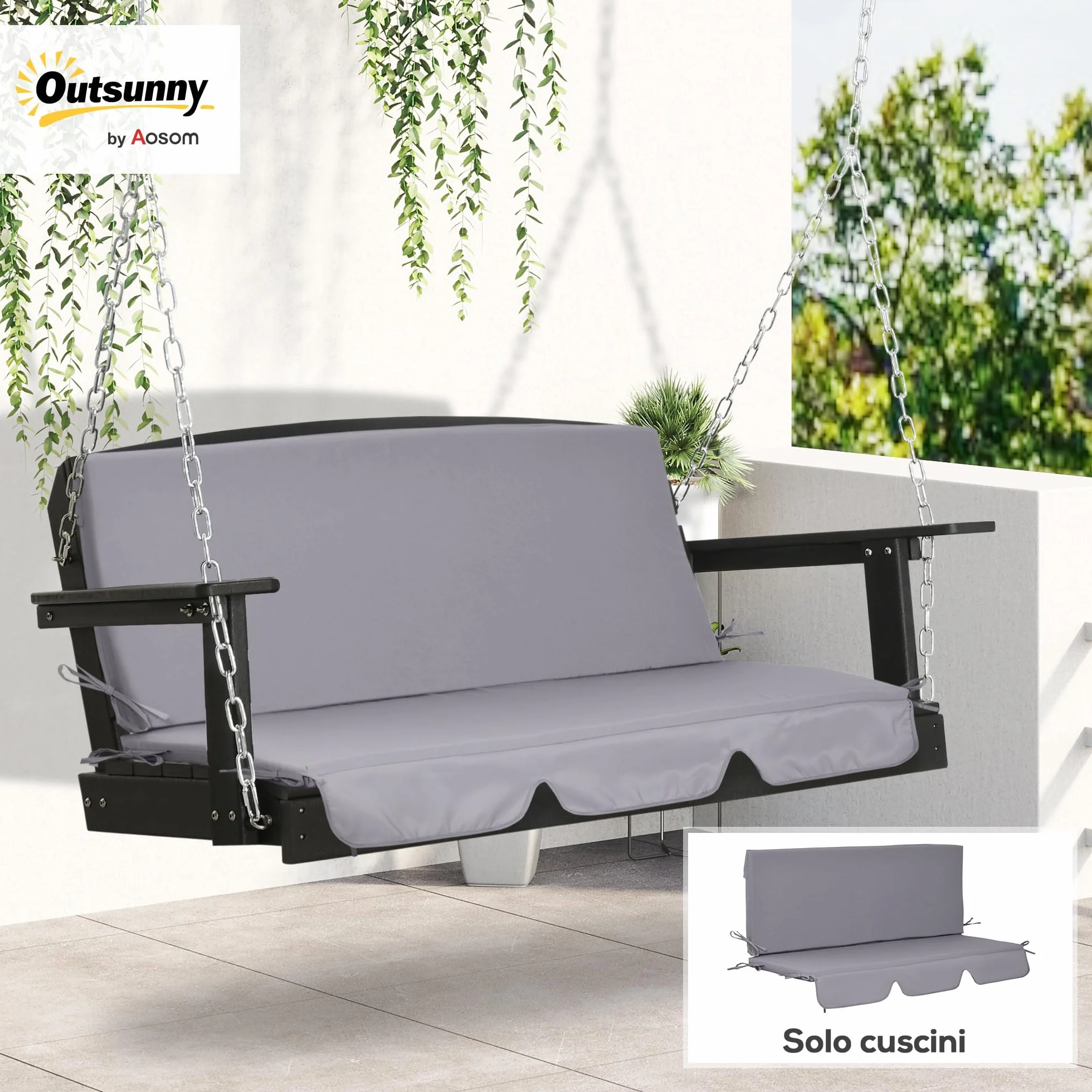 Outsunny Cuscini da Esterno in Gommapiuma e Poliestere per Dondolo da Giardino 3 Posti con Lacci di Fissaggio, 2 Pezzi da 130x45x5 cm, Grigio Scuro