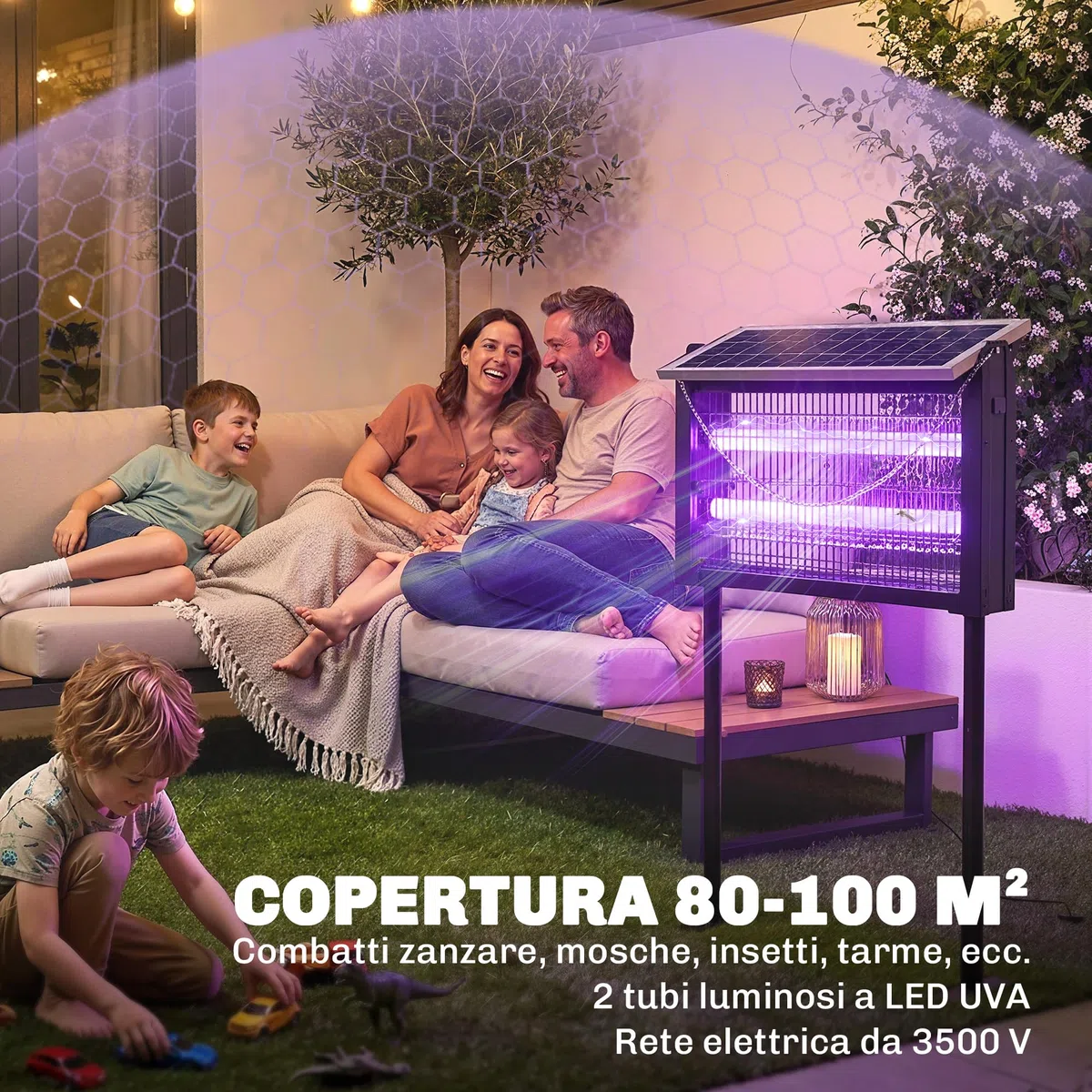 Outsunny Lampada Antizanzare da Esterno, Zanzariera a Energia Solare, Ricarica USB Interna, Luce Anti Insetti Elettroinsetticida con Rete di Protezione, 45x18x90 cm, Nero