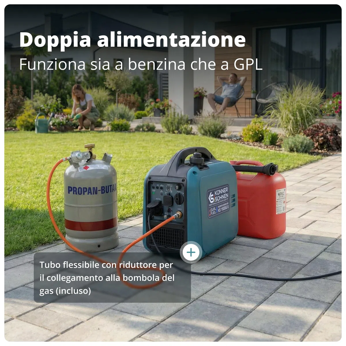 Könner & Söhnen KS 1900iG S Generatore inverter GPL 2,0 kW, Dual Fuel, generatore di corrente inverter Eco-Mode, generatore di corrente di emergenza per uso esterno, generatore a benzina, 230 V/16 A