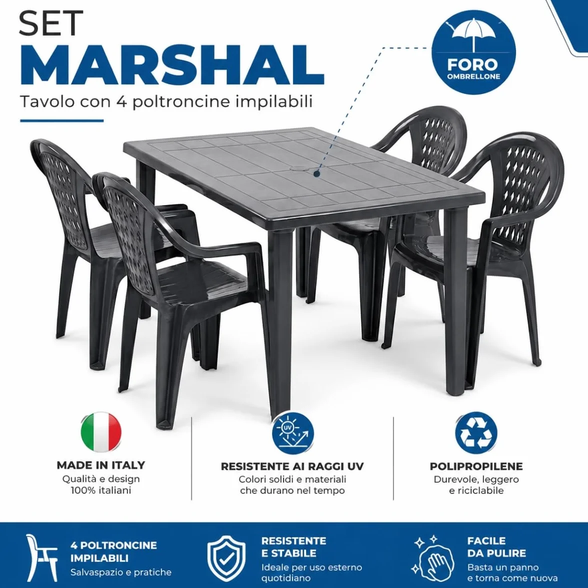 Tomaino Marshall Tavolo e Sedie da Giardino in Plastica 4 Posti ANTRACITE